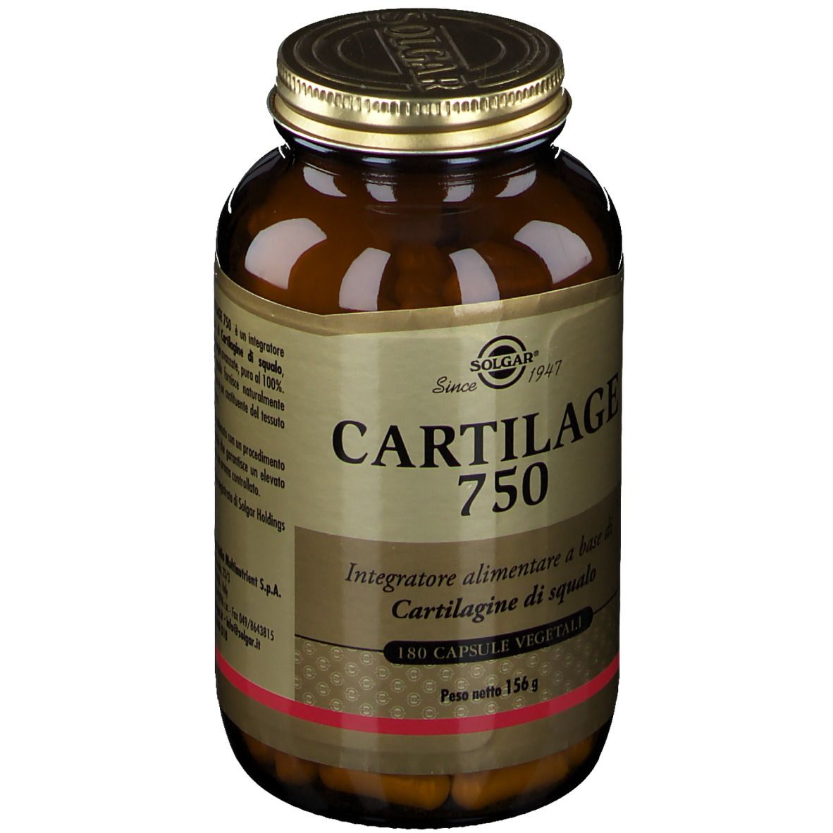 Flacone di vetro marrone con tappo dorato. Scritta: Cartilage 750, 180 capsule. Marchio: SOLGAR.