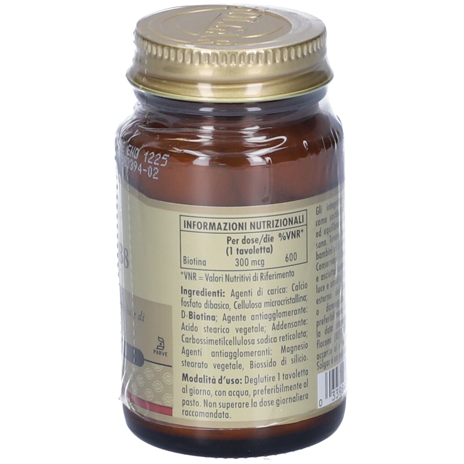 Retro del flacone SOLGAR Vita B8. Etichetta con informazioni nutrizionali, tra cui biotina. Tappo dorato.