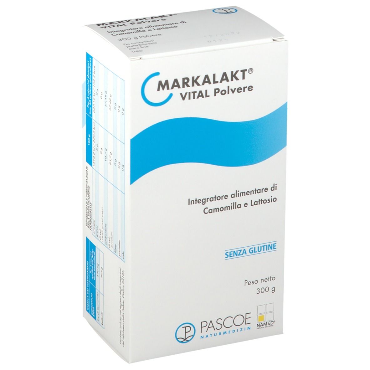 Scatola bianca con banda blu. Scritto: MARKALAKT VITAL Polvere, Integratore alimentare di Camomilla e Lattosio, SENZA GLUTINE.