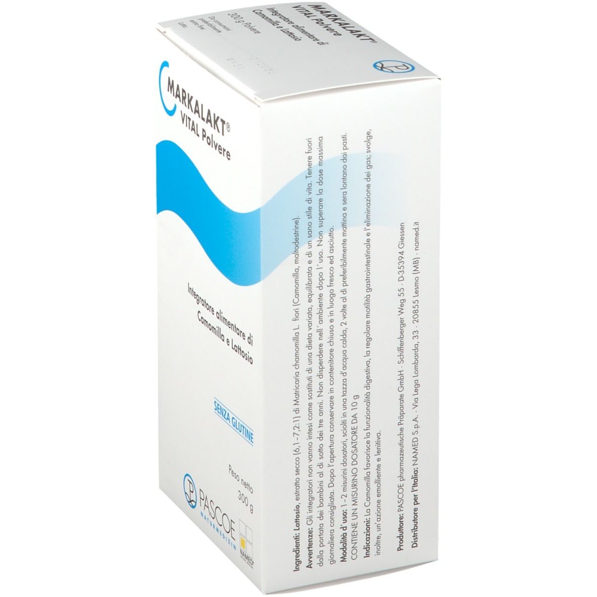 Scatola bianca, vista obliqua. Scritto: MARKALAKT VITAL Polvere, Integratore alimentare di Camomilla e Lattosio, SENZA GLUTINE. Testo laterale.