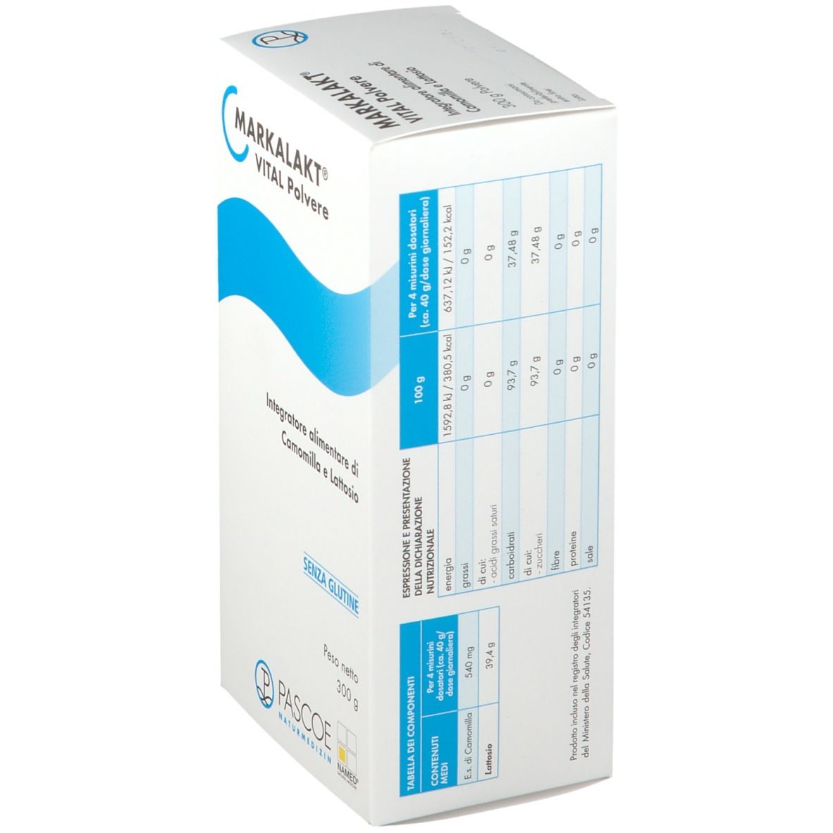 Scatola bianca, vista laterale obliqua. Scritto: MARKALAKT VITAL Polvere, Integratore alimentare di Camomilla e Lattosio. Informazioni nutrizionali sul lato.