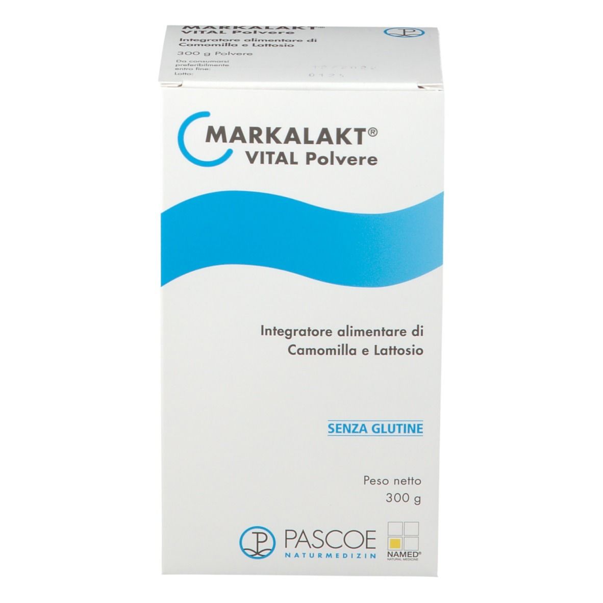 Scatola bianca con banda blu. Scritto: MARKALAKT VITAL Polvere, Integratore alimentare di Camomilla e Lattosio, SENZA GLUTINE. 300 g.
