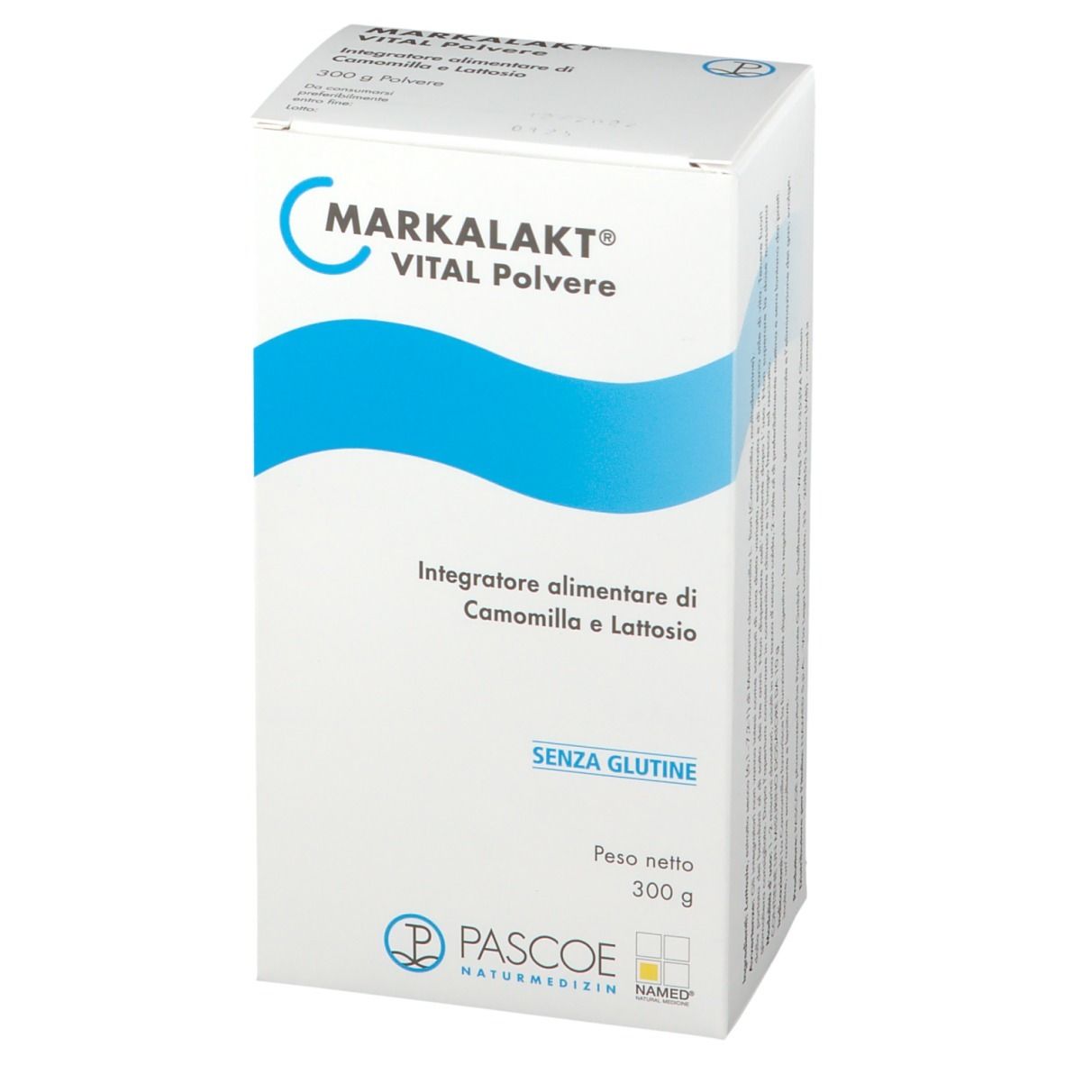 Scatola bianca con banda blu. Scritto: MARKALAKT VITAL Polvere, Integratore alimentare di Camomilla e Lattosio, SENZA GLUTINE. 300 g.