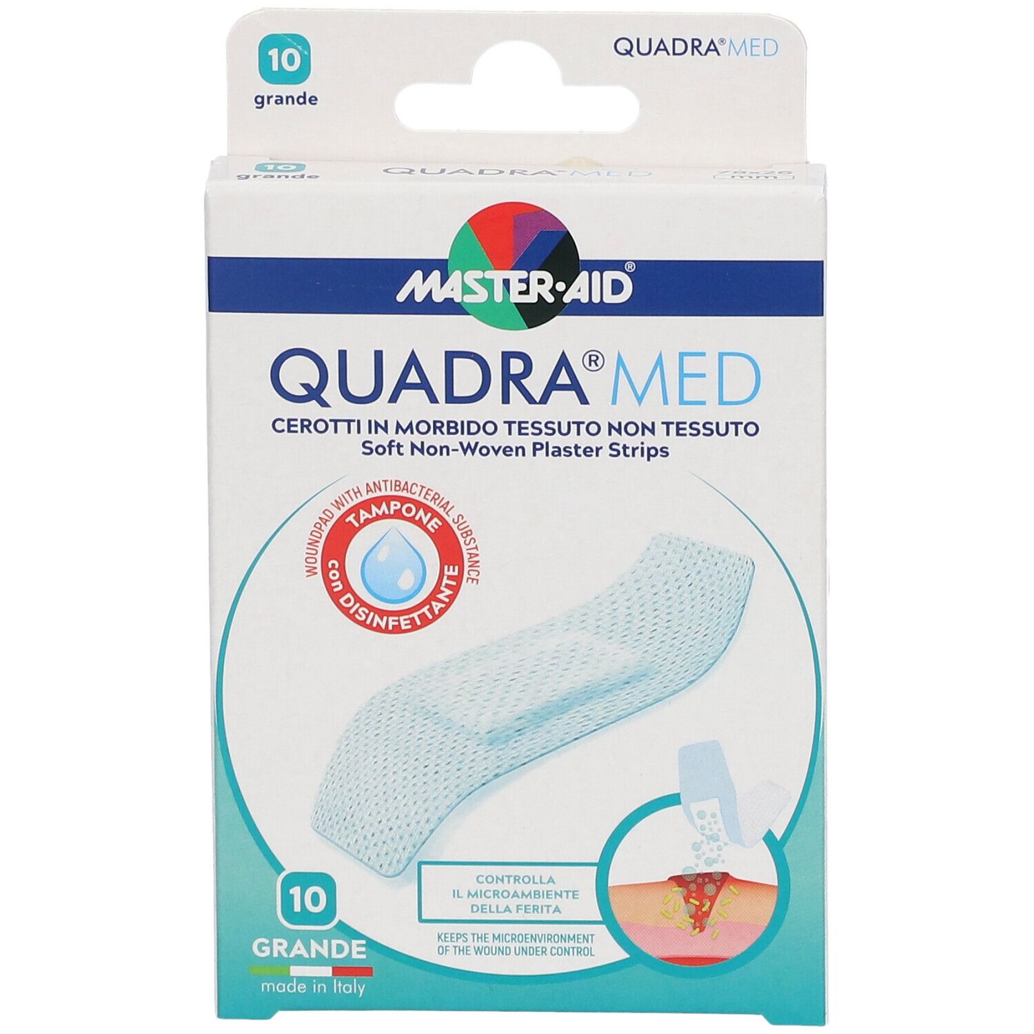 Packung mit 10 Master-Aid Quadra-Med Pflastern, weich, nicht gewebt, mit antibakteriellem Tampon.