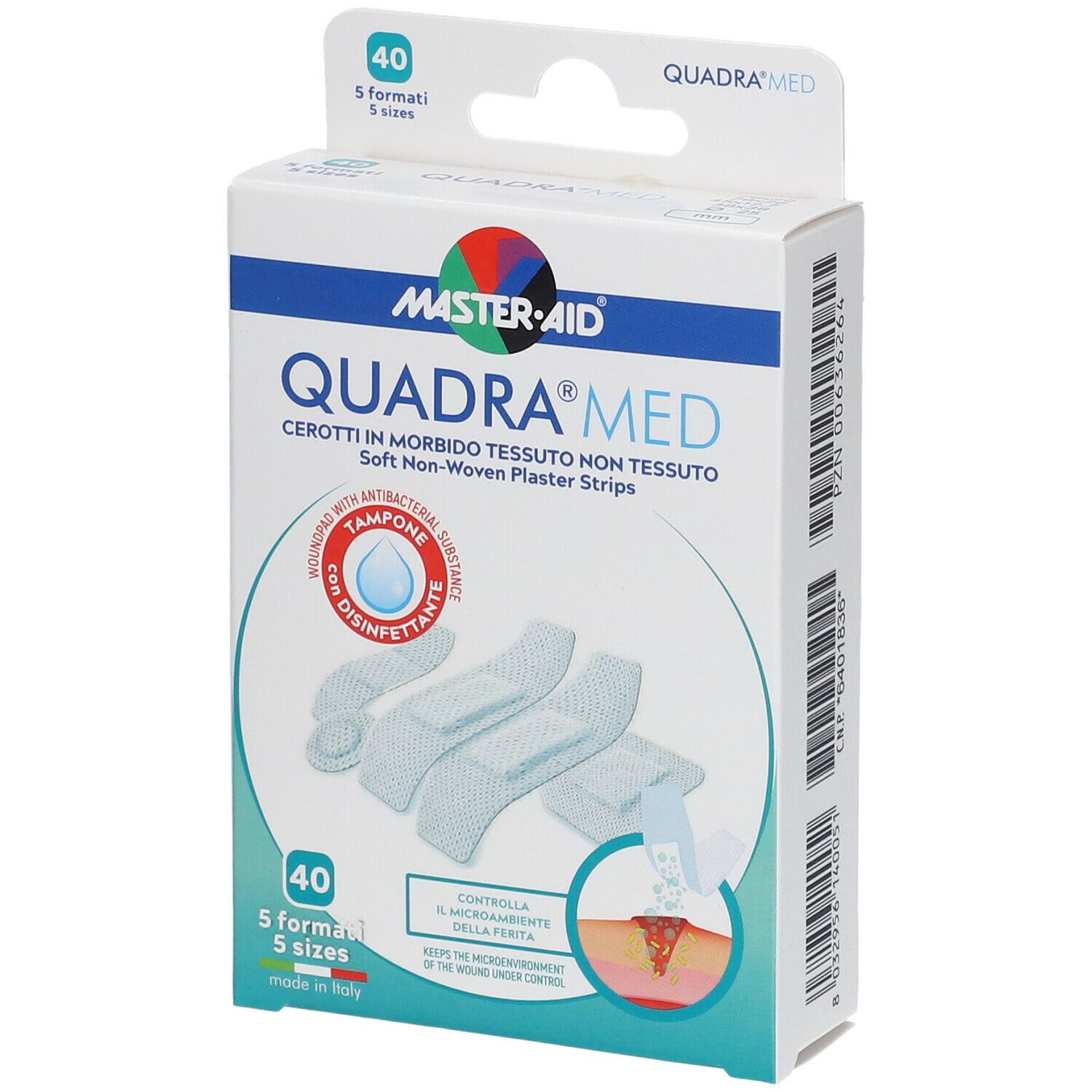 Confezione di cerotti Master-Aid Quadra Med. Contiene 40 cerotti in 5 formati. Con disinfettante. Tessuto non tessuto morbido.