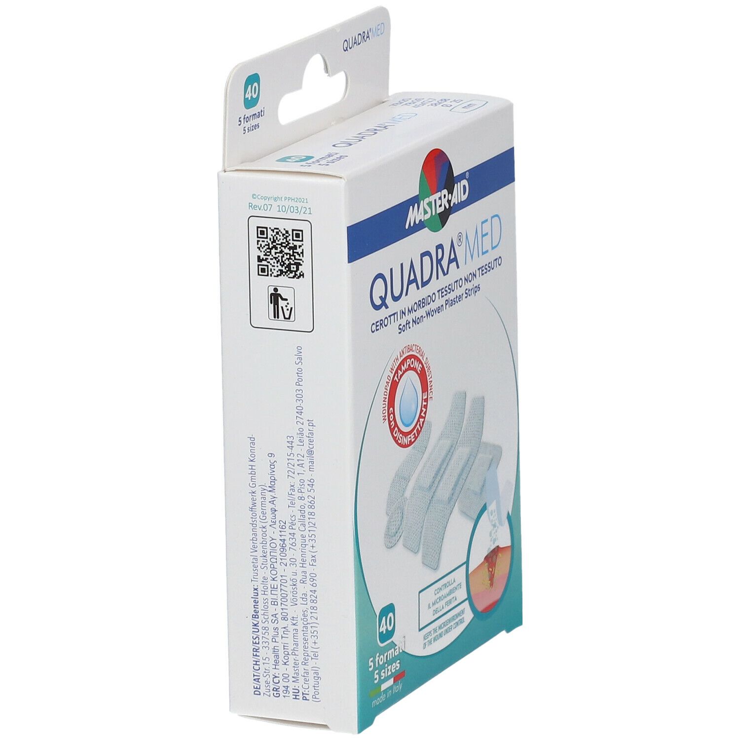Confezione di cerotti Master-Aid Quadra Med. Contiene 40 cerotti in 5 formati. Con disinfettante. Tessuto non tessuto morbido.