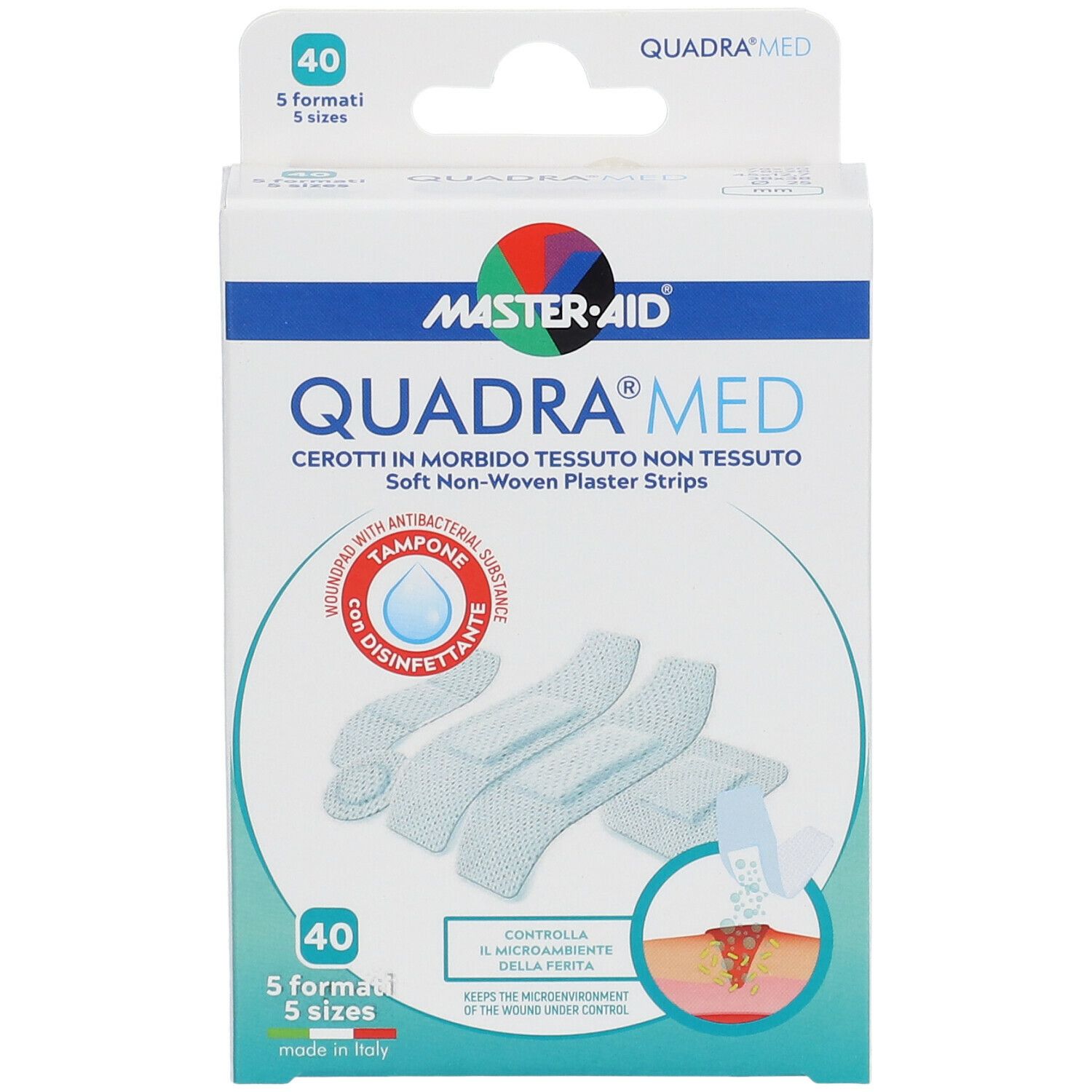 Confezione di cerotti Master-Aid Quadra Med. Contiene 40 cerotti in 5 formati. Con disinfettante. Tessuto non tessuto morbido.