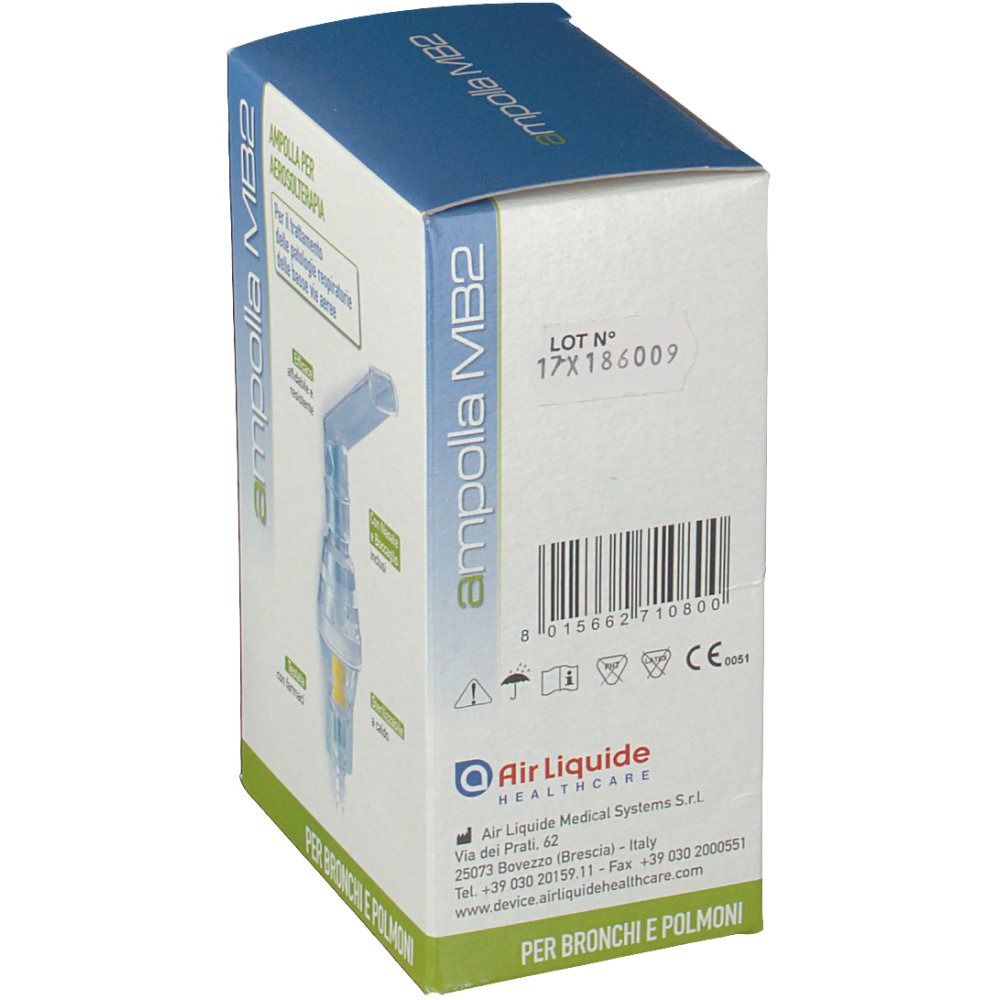 Verpackung für Inhalationsgerät. Aufschrift: Ampolla MB2, Ampolla per aerosolterapia. Barcode und Herstellerinformationen. Für Bronchien und Lungen.