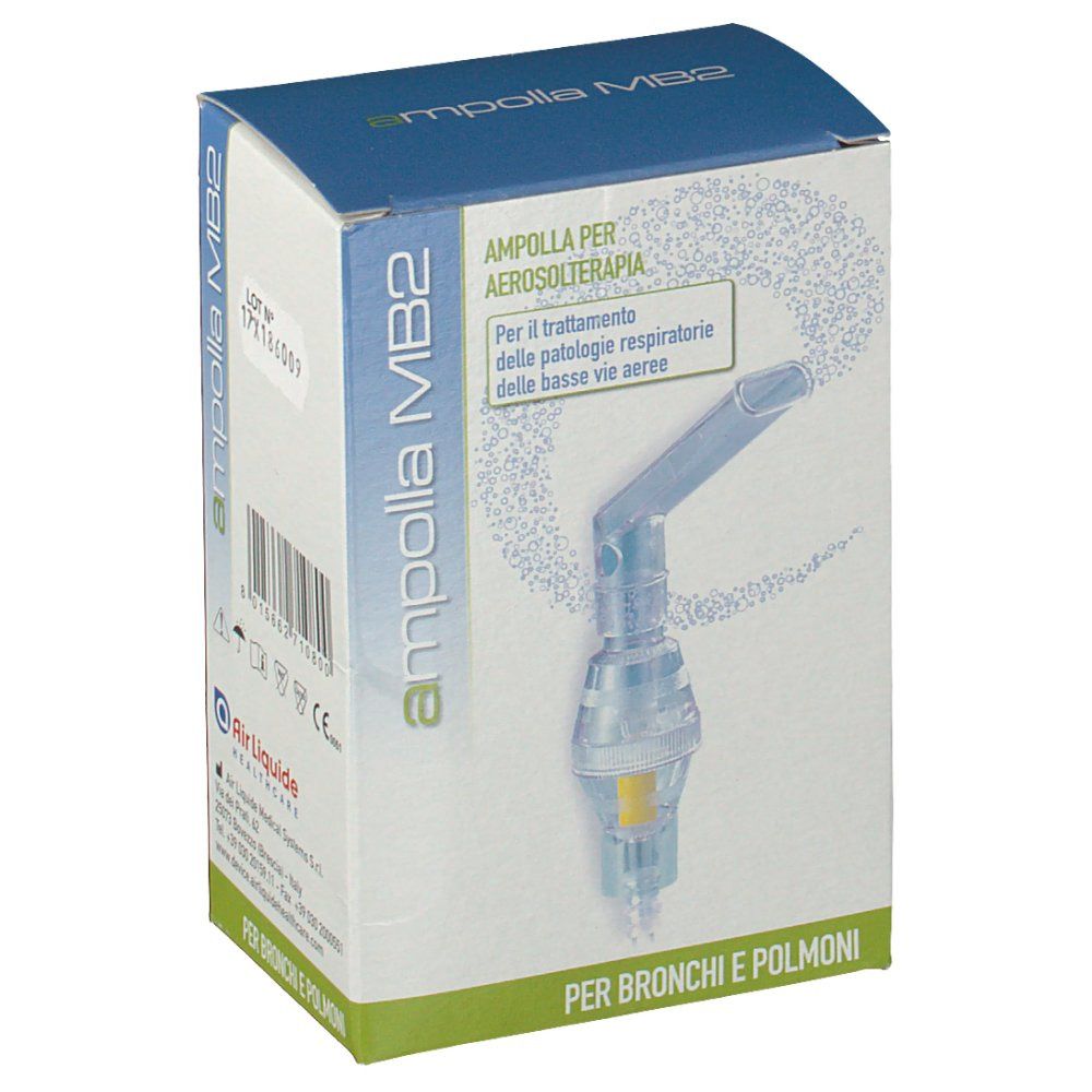 Verpackung für Inhalationsgerät. Aufschrift: Ampolla MB2, Ampolla per aerosolterapia. Für Bronchien und Lungen. Herstellerinformationen.