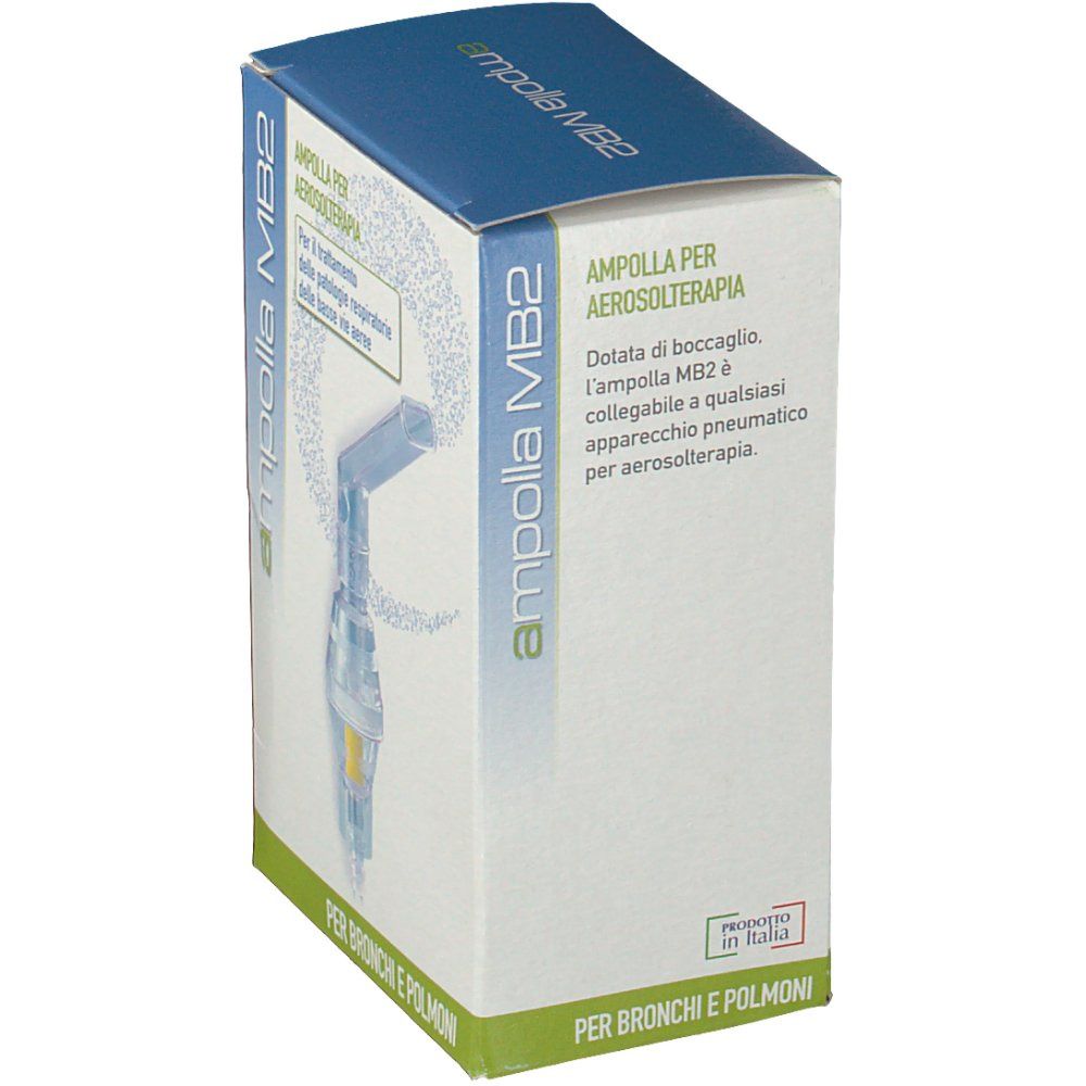 Verpackung für Inhalationsgerät. Aufschrift: Ampolla MB2, Ampolla per aerosolterapia. Für Bronchien und Lungen. Mit Mundstück.
