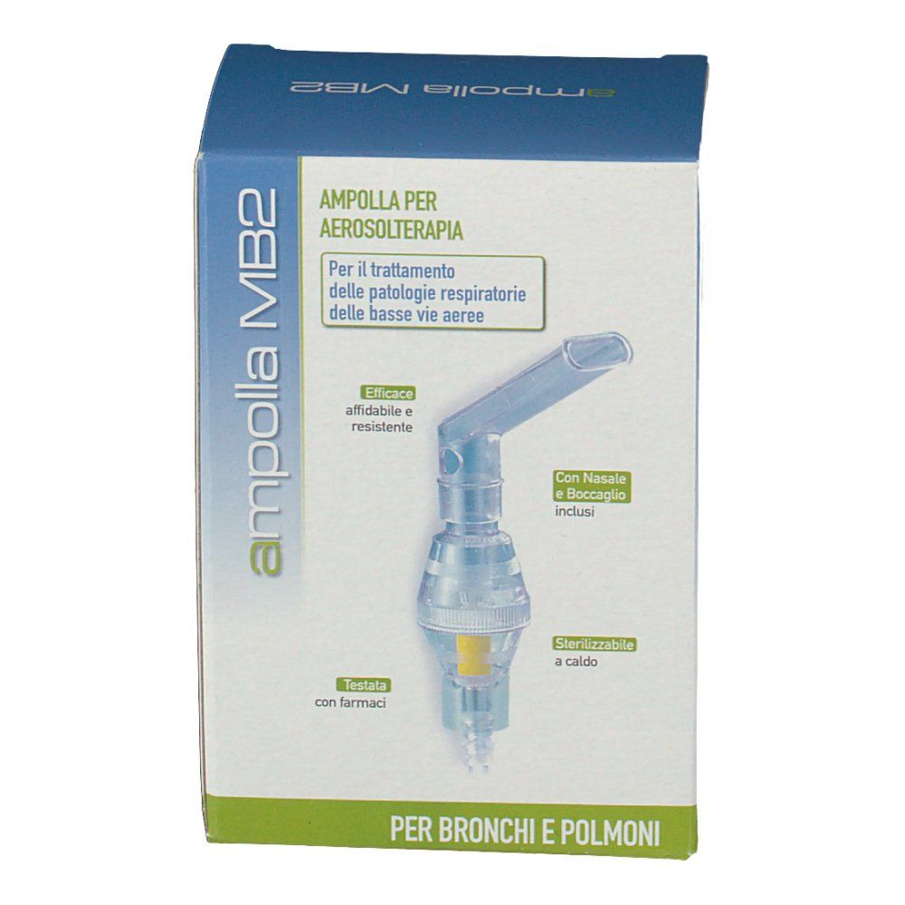 Verpackung für Inhalationsgerät. Aufschrift: Ampolla MB2, Ampolla per aerosolterapia. Enthält Nasen- und Mundstück. Für Bronchien und Lungen.