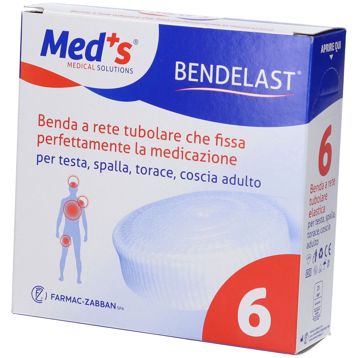 Confezione di Bendelast, marchio Med's. Contiene 6 bende a rete tubulare. Indicazioni per testa, spalla, torace, coscia.