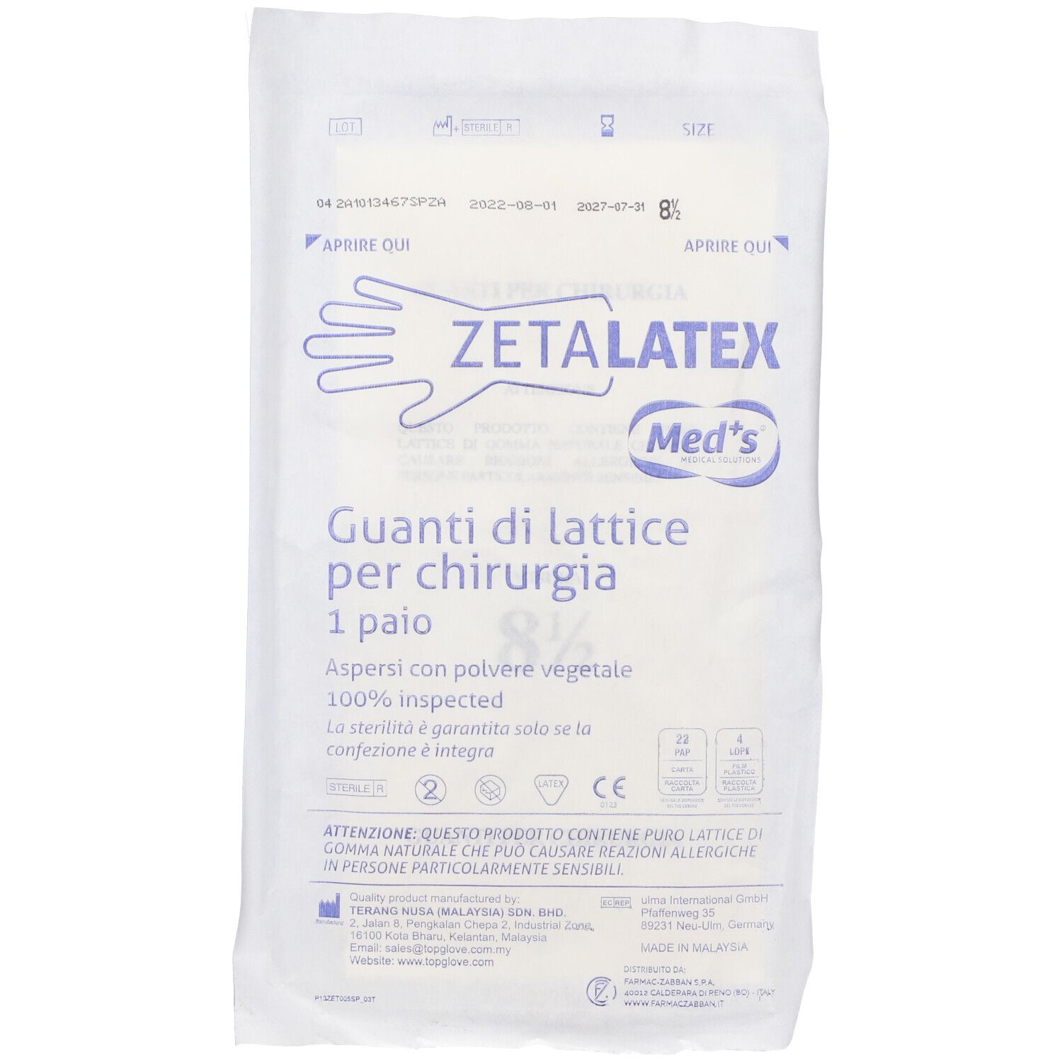 Verpackung Zetalatex-Handschuhe, Größe 8 1/2. Text: Guanti di lattice per chirurgia. 1 Paar. Mit pflanzlichem Puder.