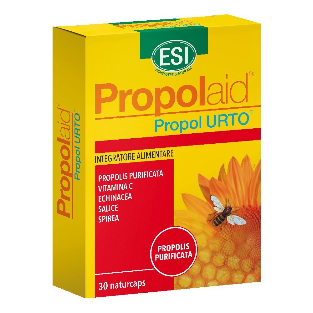 Scatola gialla "Propolaid Propol URTO". Contiene propoli, vitamina C, echinacea, salice, spirea. 30 naturcaps.