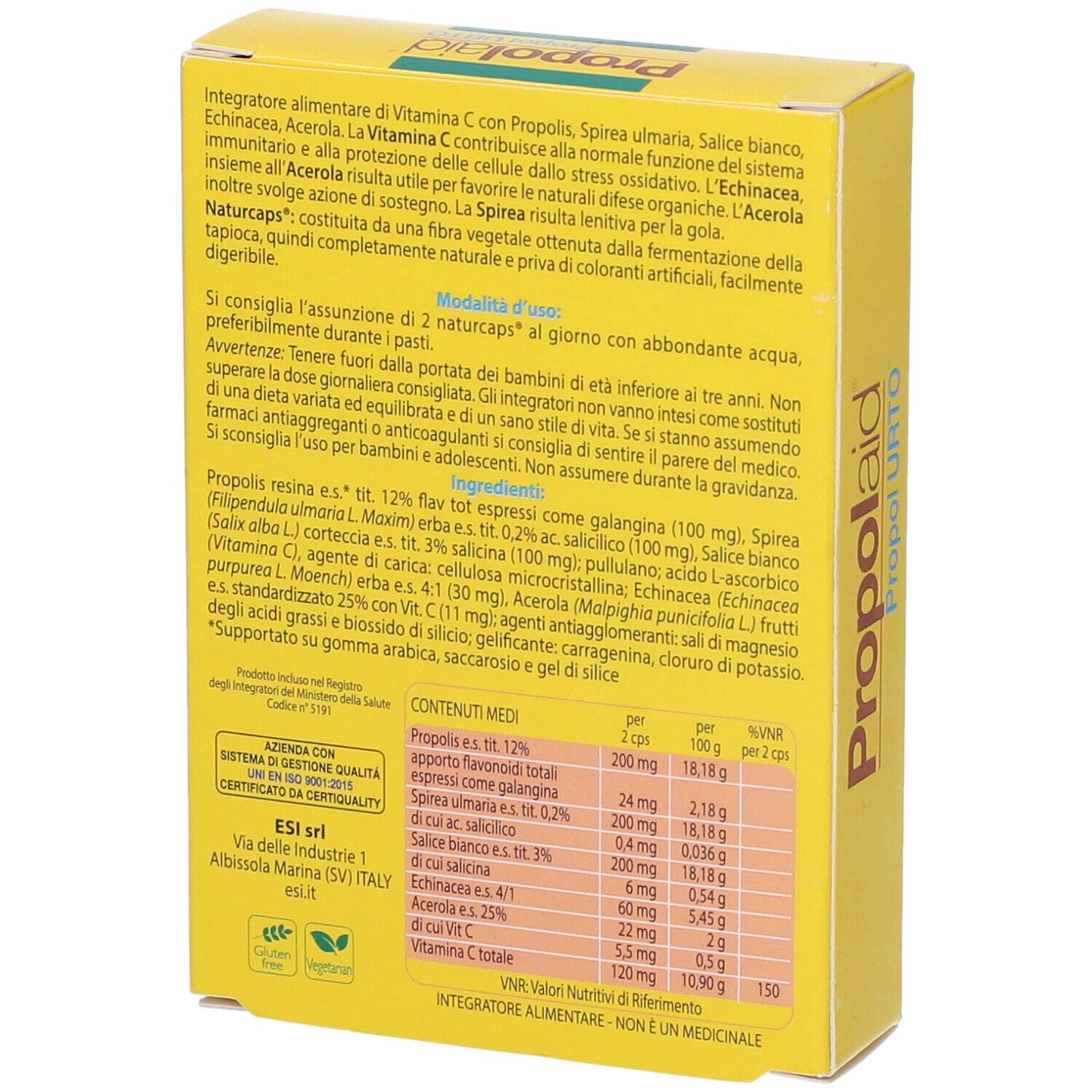 Retro della scatola gialla "Propolaid Propol URTO". Testo con ingredienti e informazioni nutrizionali.
