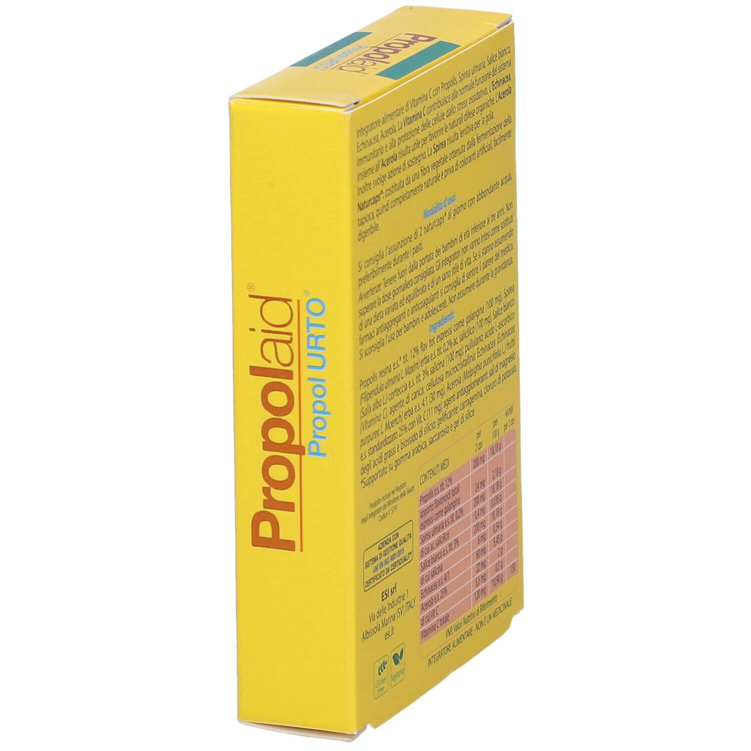 Vista laterale della scatola gialla "Propolaid Propol URTO". Testo con ingredienti e valori nutrizionali.