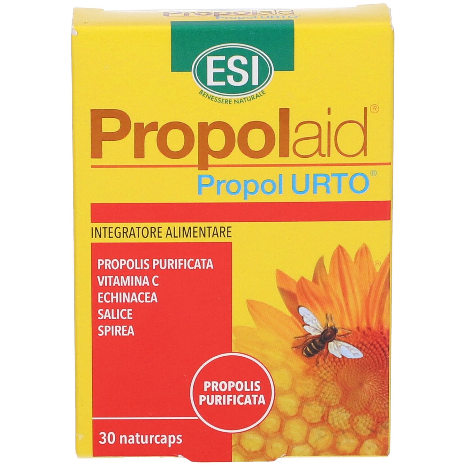 Scatola gialla "Propolaid Propol URTO". Illustrazione con ingredienti e ape su fiore.