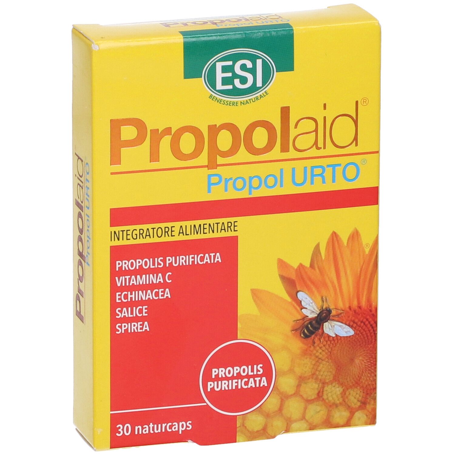 Scatola gialla "Propolaid Propol URTO". Illustrazione con ingredienti e ape su fiore.