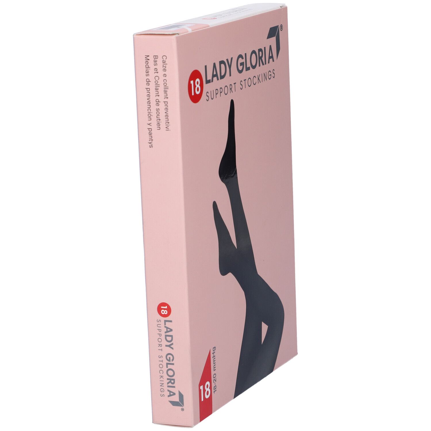 Confezione di calze Ladygloria. Confezione rosa con illustrazione di calze nere. Stampa: 18, 18-20 mmHg.