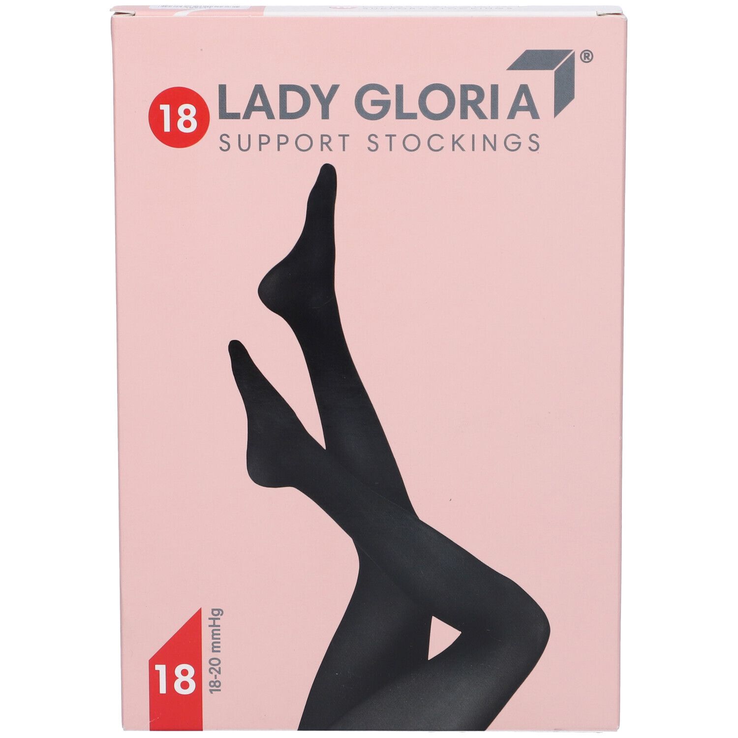 Confezione di calze Ladygloria. Confezione rosa con illustrazione di calze nere. Stampa: 18, 18-20 mmHg.