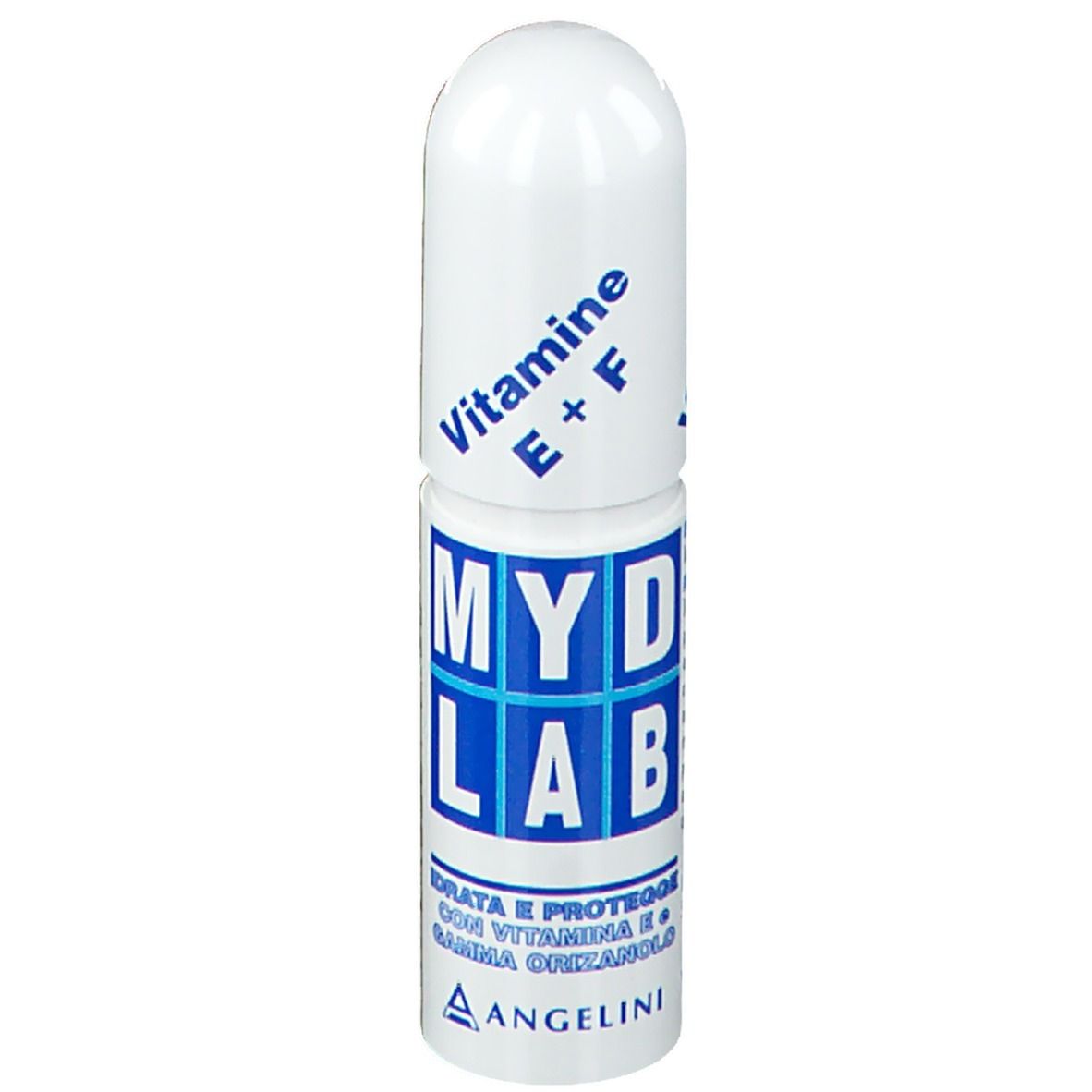 Balsamo per labbra bianco e blu con logo MYDLAB e Vitamina E+F. Tappo angolato. Marchio: Angelini.