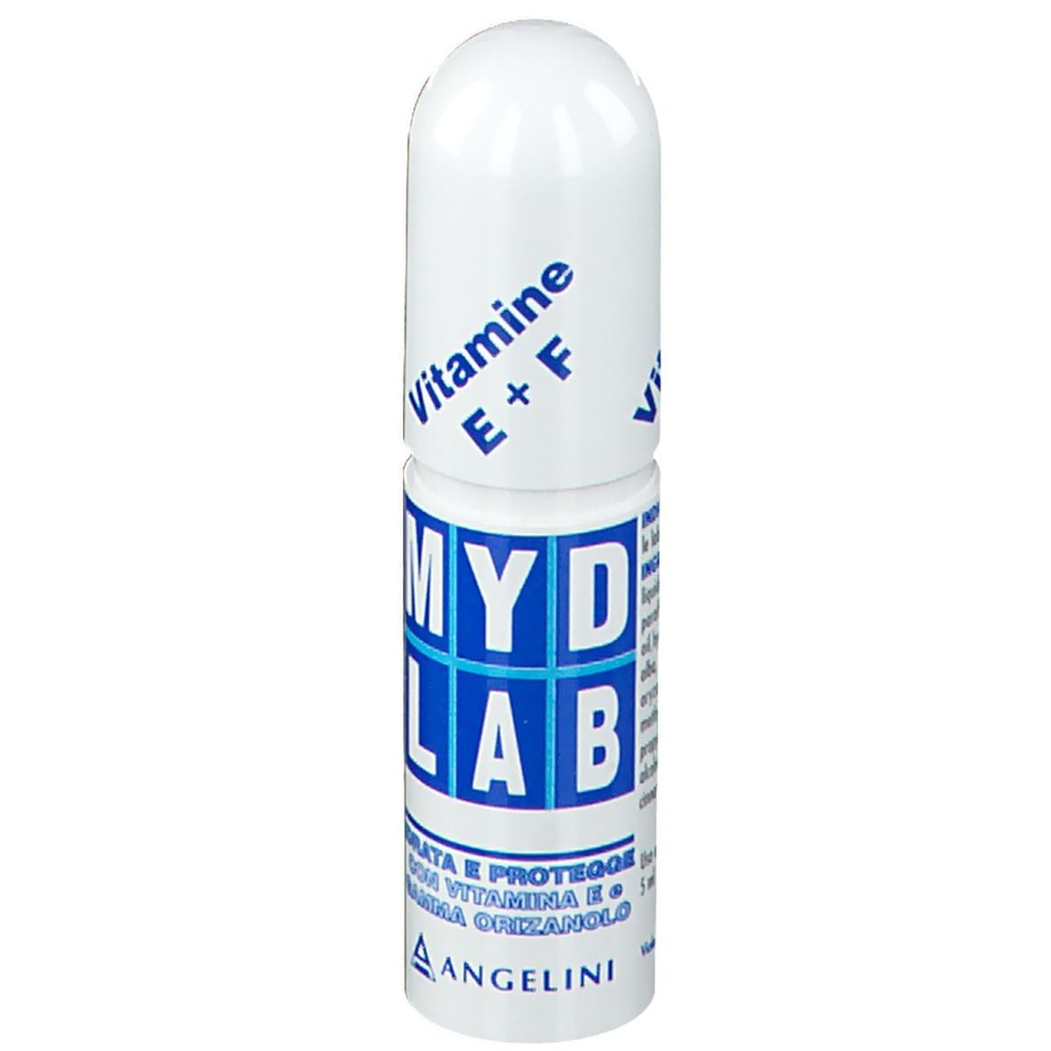 Balsamo per labbra bianco e blu con logo MYDLAB e Vitamina E+F. Tappo angolato. Marchio: Angelini.