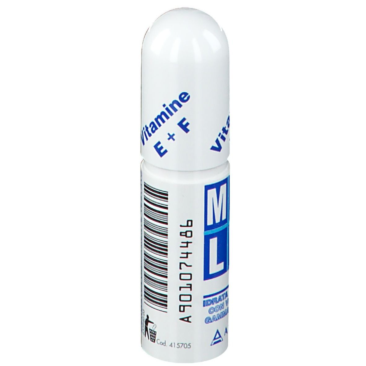 Balsamo per labbra bianco e blu con logo MYDLAB e Vitamina E+F. Tappo angolato. Marchio: Angelini.