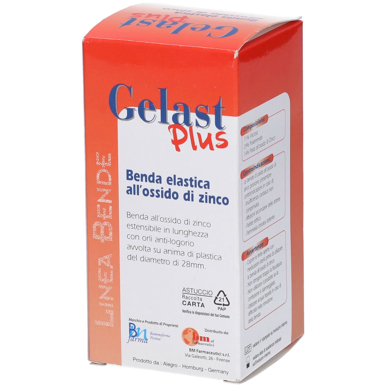 Confezione Gelast Plus. Scatola rossa con informazioni e simboli di riciclo in italiano.