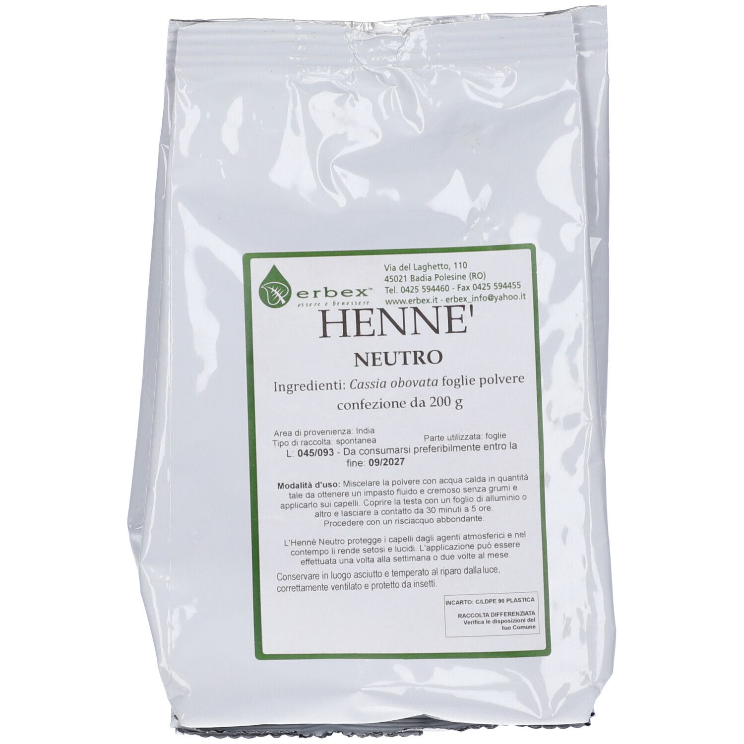 Confezione bianca con etichetta verde. Testo: Henne' Neutro, ingredienti, 200 g. Marchio: Erbex.