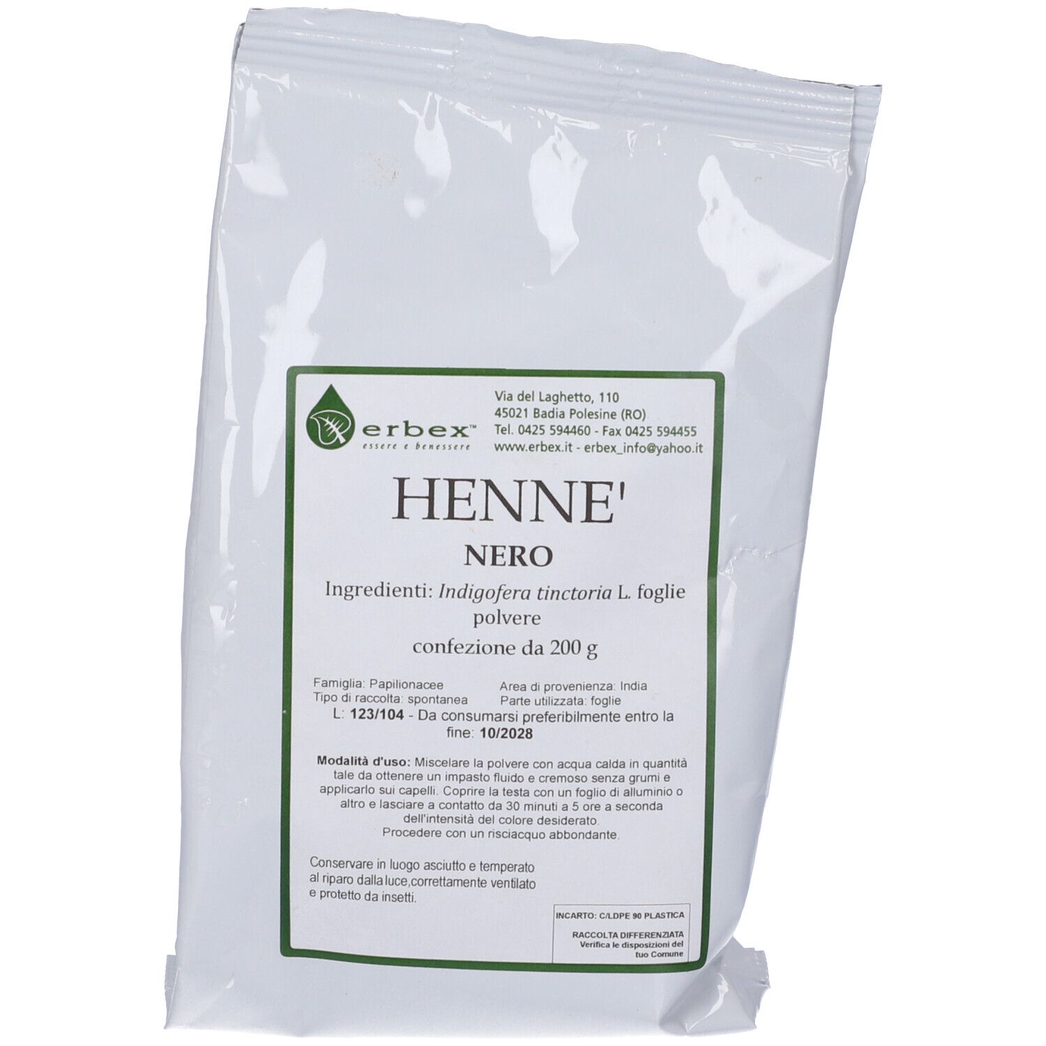 Busta bianca con etichetta verde. Testo: Henne' Nero, 200 g. Informazioni produttore e ingredienti.