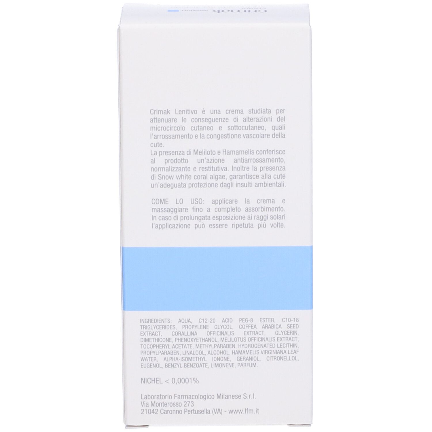 Retro della confezione del prodotto. Testo con ingredienti e produttore.