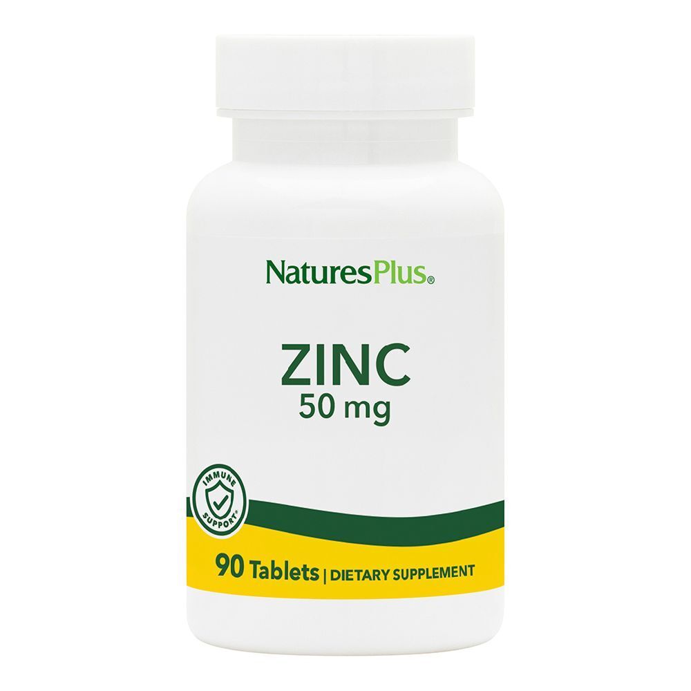 Flacone bianco con 'NaturesPlus' e 'ZINC 50 mg'. 90 compresse. Etichetta verde-gialla con sigillo 'Immune Support'.