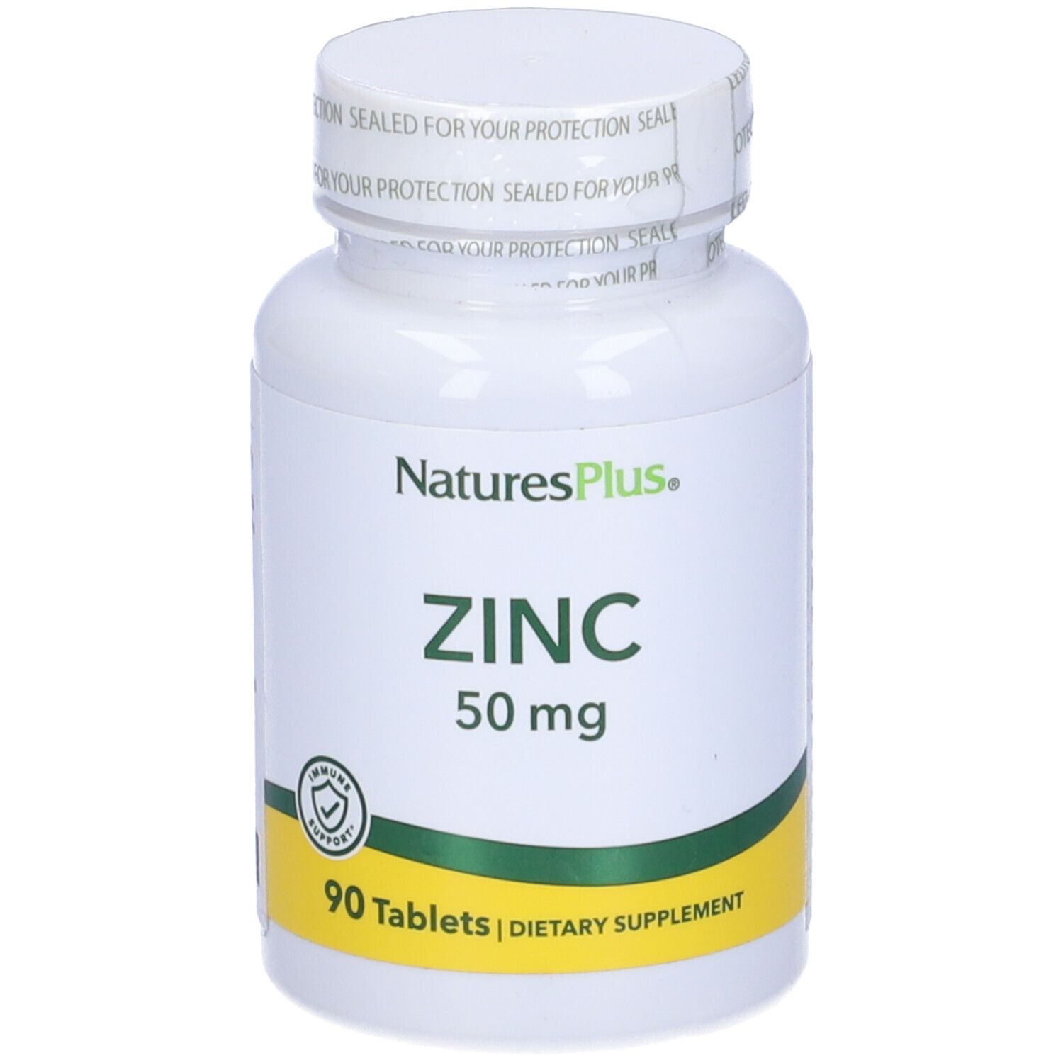 Flacone bianco con 'NaturesPlus' e 'ZINC 50 mg'. 90 compresse. Sigillo sul coperchio. Etichetta verde-gialla.