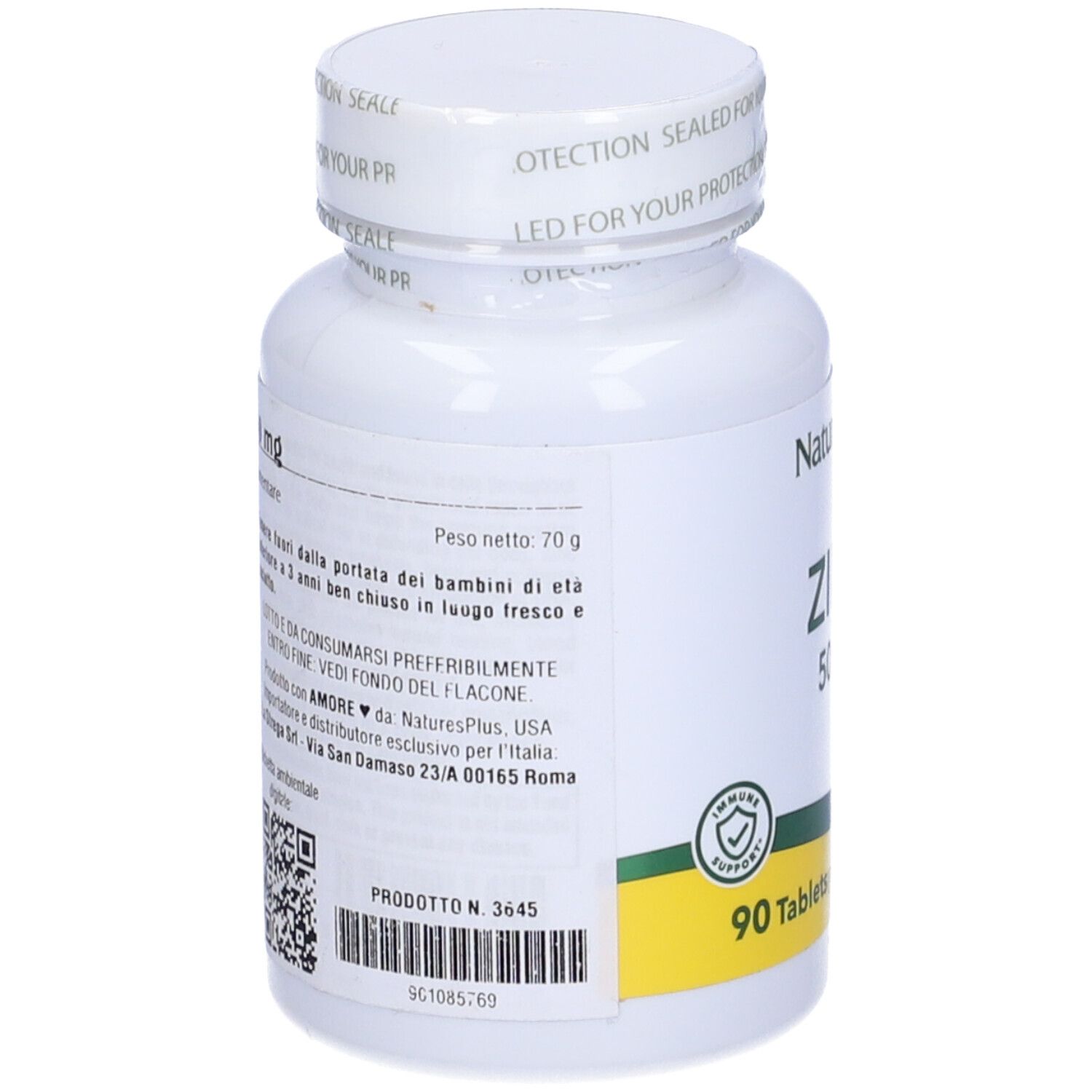 Retro del flacone bianco con 'ZINC 50 mg'. Testo in italiano. Codice QR e numero di prodotto.