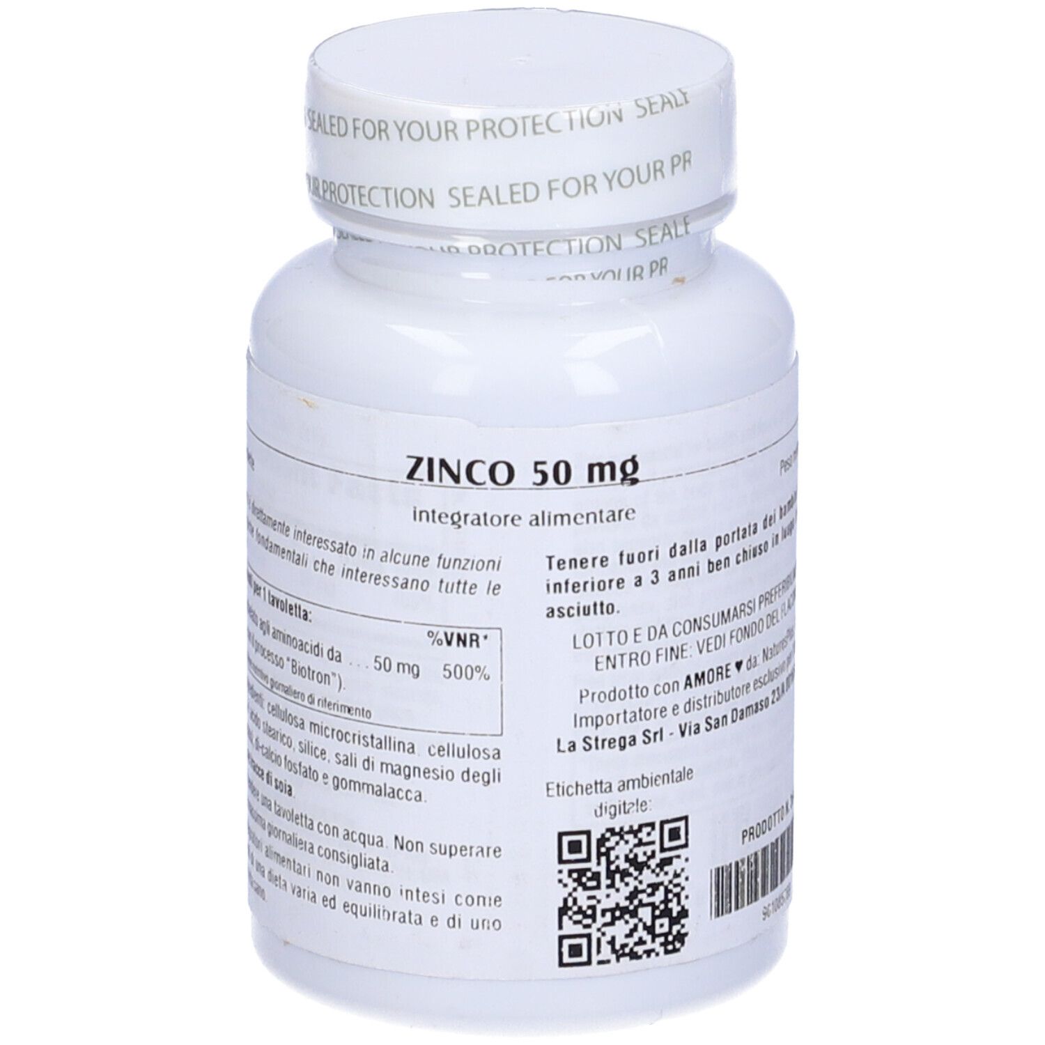 Flacone bianco con 'ZINCO 50 mg'. Testo in italiano. Elenco ingredienti e informazioni nutrizionali.
