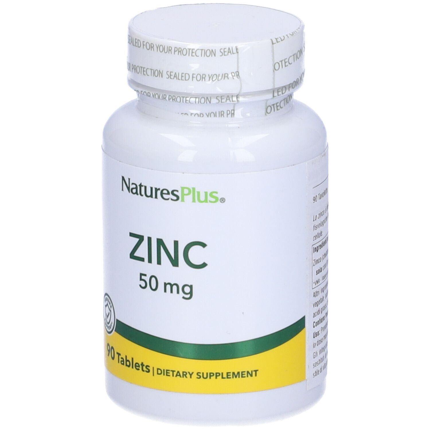 Flacone bianco con 'NaturesPlus' e 'ZINC 50 mg'. 90 compresse. Sigillo sul coperchio.
