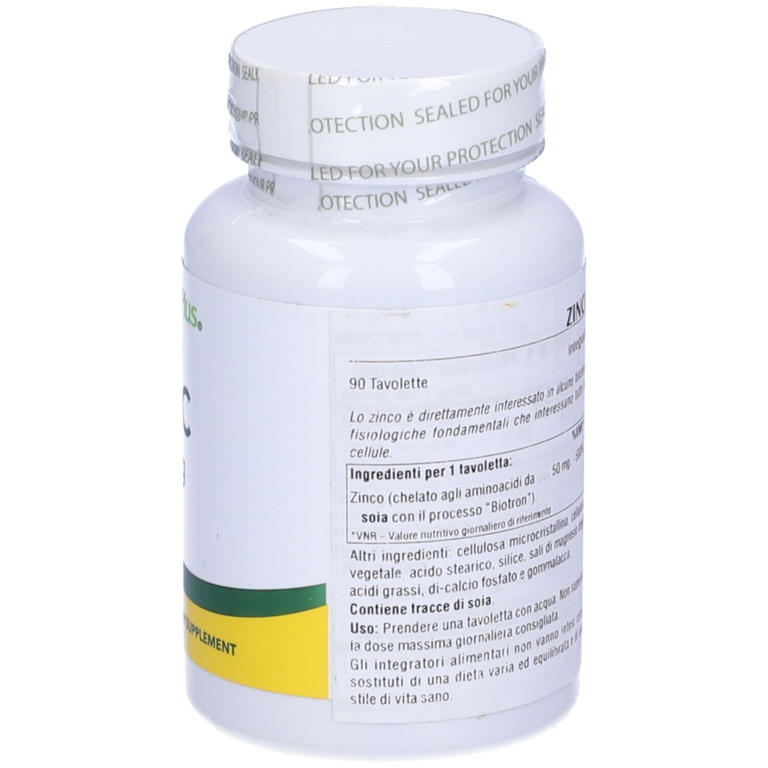 Retro del flacone bianco con 'ZINCO 50 mg'. Testo in italiano. Elenco ingredienti e istruzioni per l'uso.