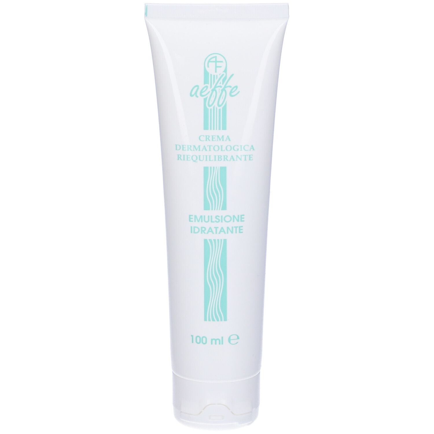 Tubo bianco prodotto. Scritto: aeffe, Crema Dermatologica Riequilibrante, Emulsione Idratante. 100 ml.