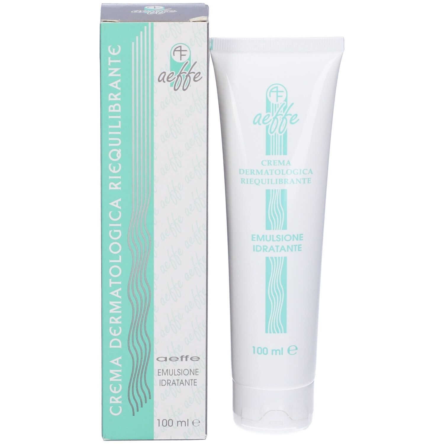 Prodotto e scatola. Scritto: aeffe, Crema Dermatologica Riequilibrante, Emulsione Idratante. 100 ml.