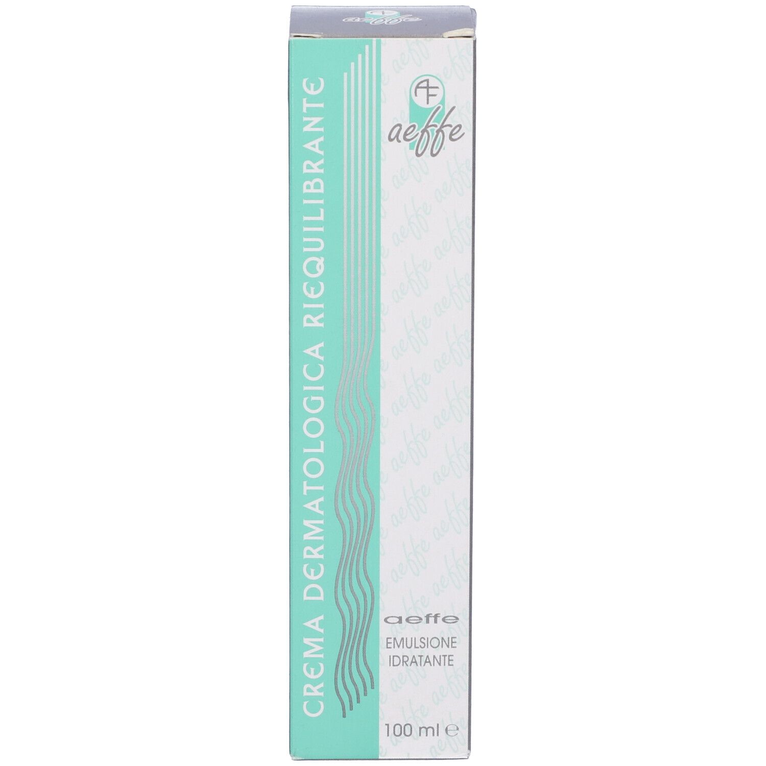 Scatola prodotto. Scritto: aeffe, Crema Dermatologica Riequilibrante, Emulsione Idratante. 100 ml.