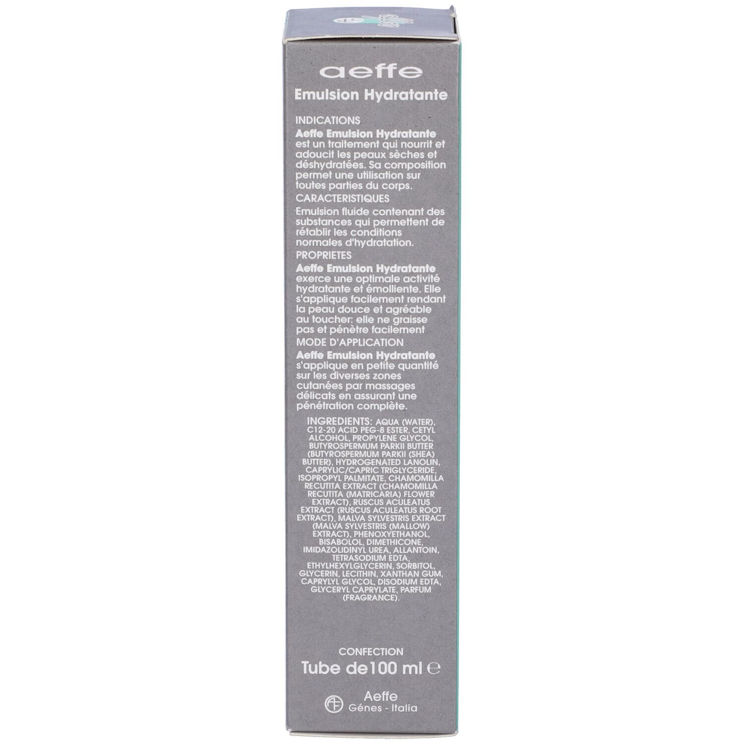Lato della scatola. Testo in francese. Scritto: aeffe, Emulsione Idratante. 100 ml.