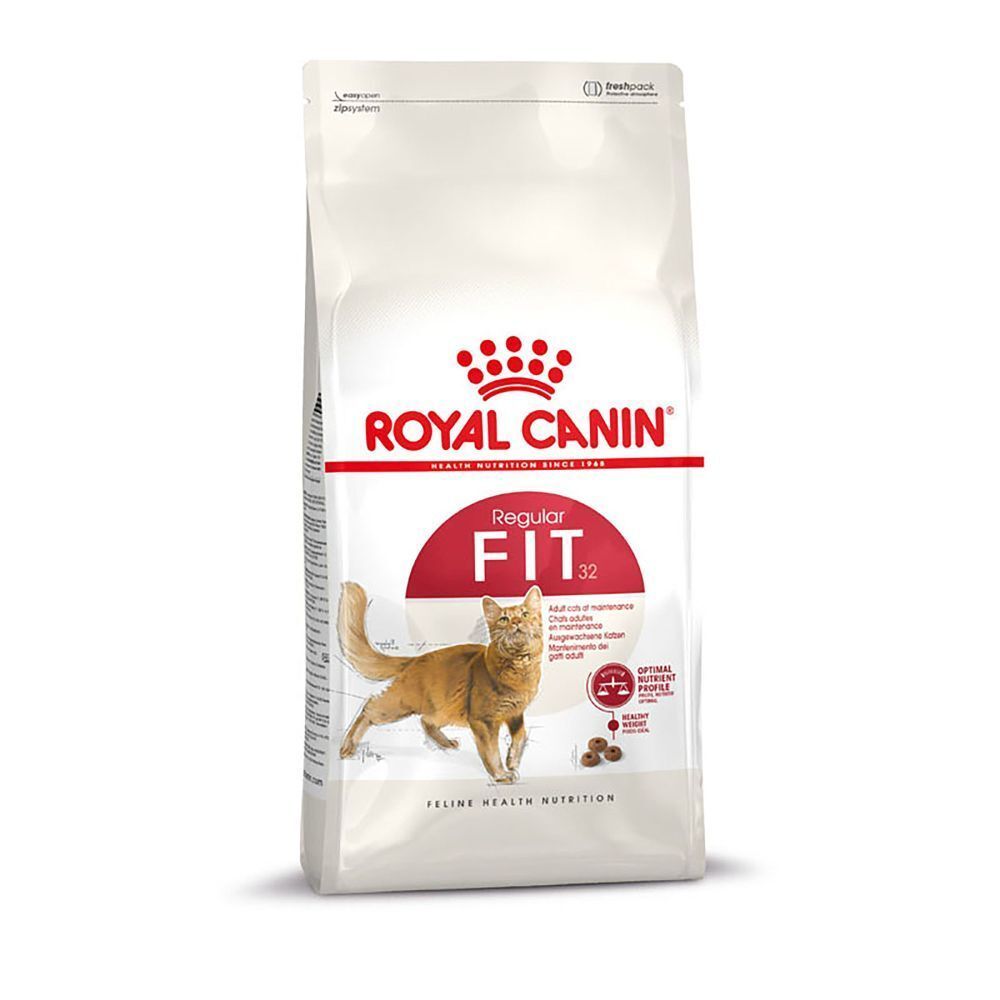 Royal Canin Feline Fit 32 Trockenfutter-Packung mit Katze und Produktinformationen.