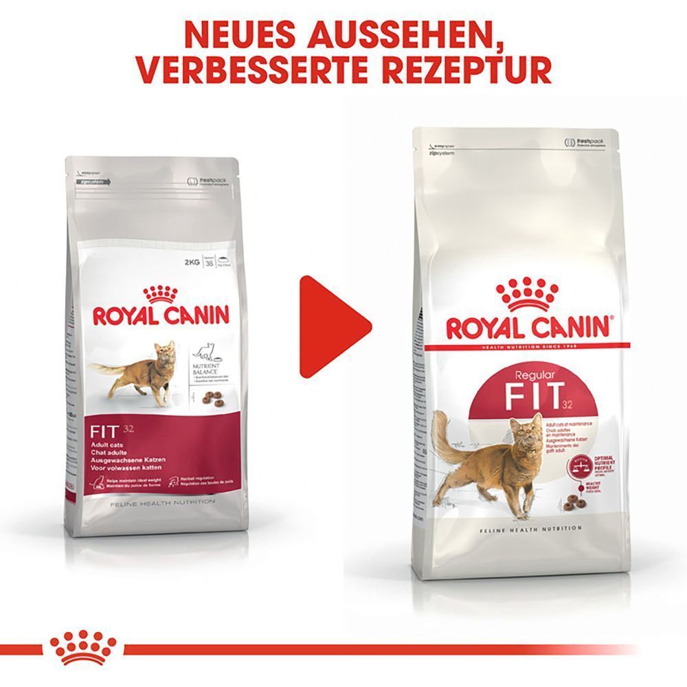Vergleich von Royal Canin Feline Fit 32: Neues Aussehen, verbesserte Rezeptur.