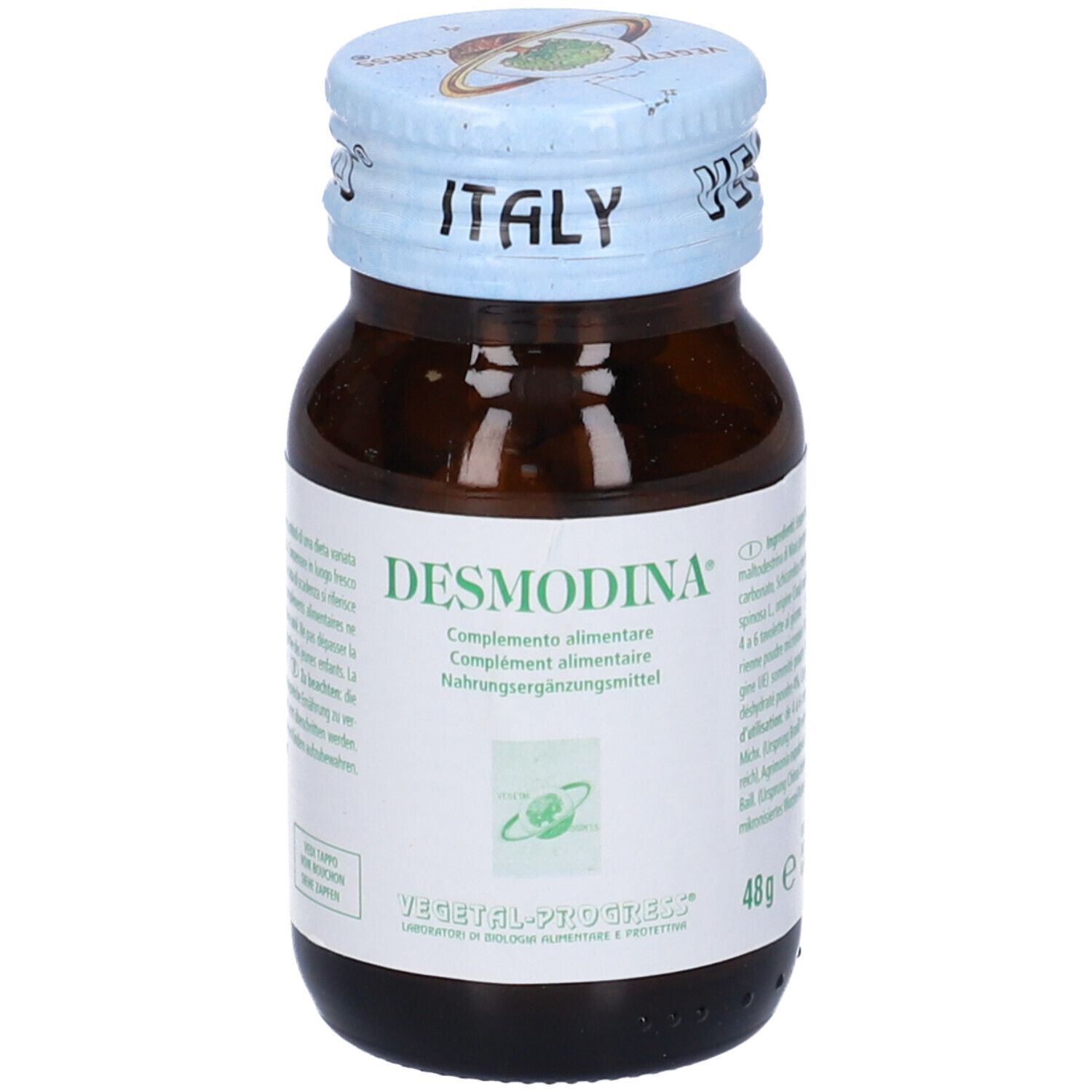 Flacone di vetro marrone con compresse. Scritta: Desmodina. Coperchio blu con scritta: Italy.