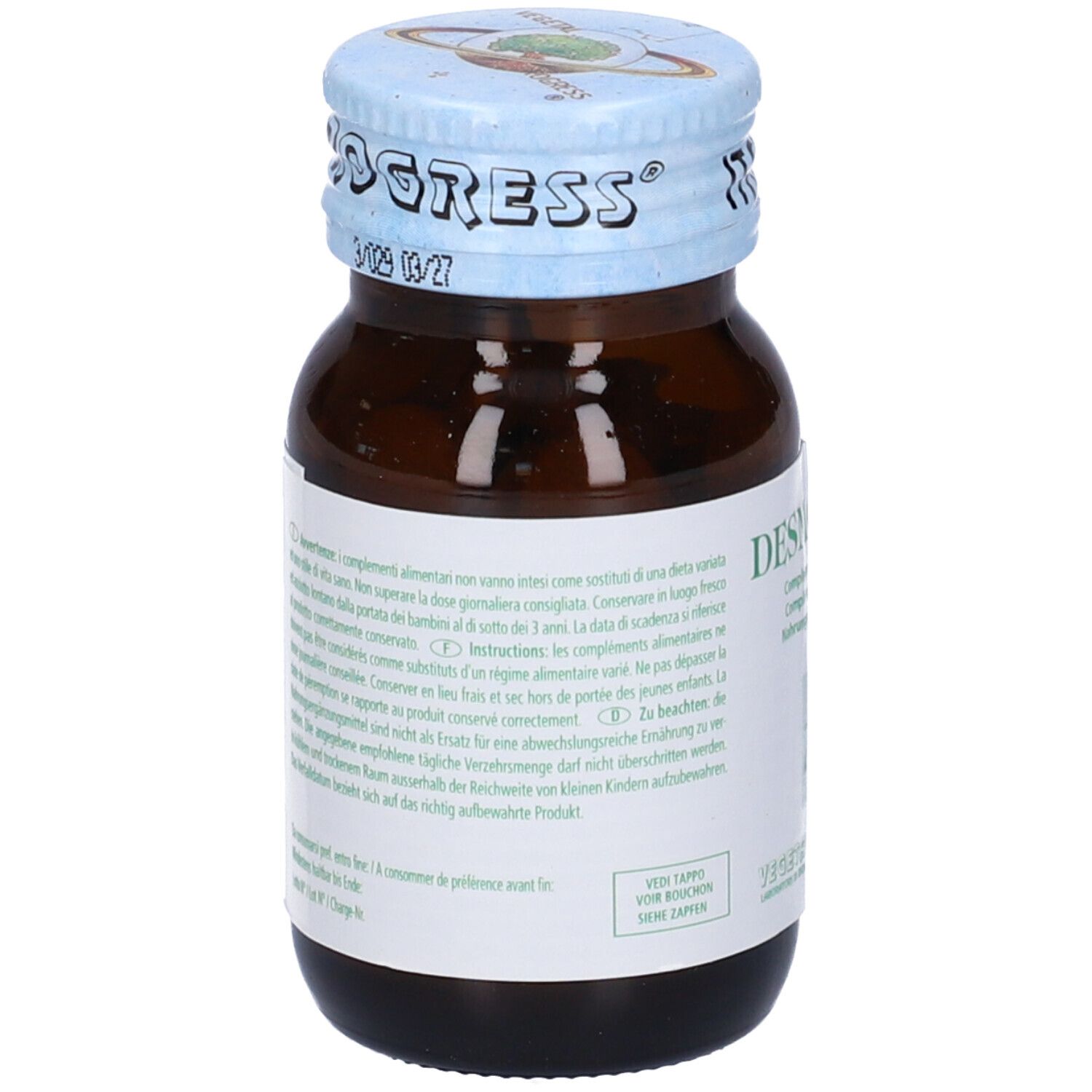Flacone di vetro marrone con compresse. Scritta: Desmodina. Coperchio blu con scritta: Italy.