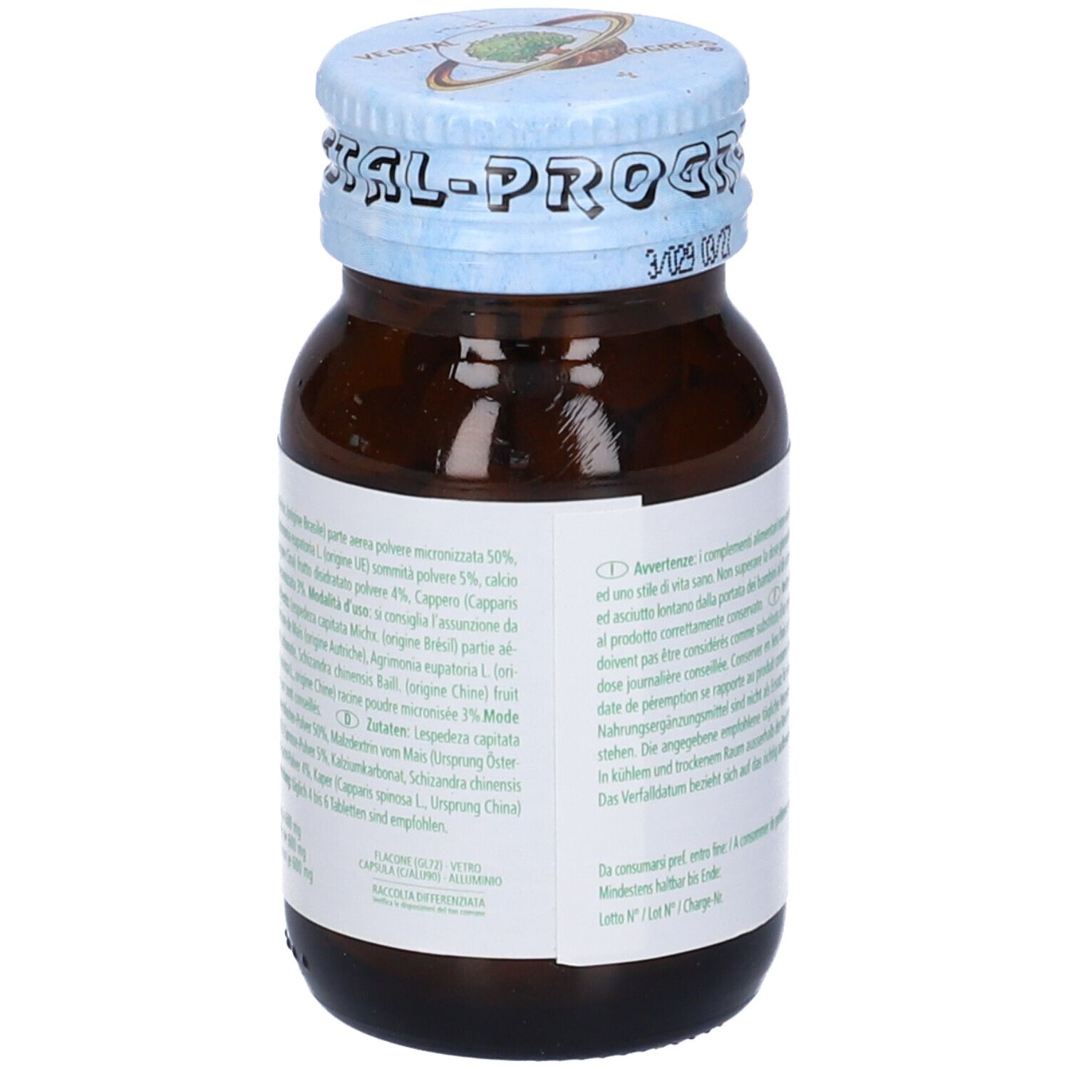 Flacone di vetro marrone con compresse. Scritta: Desmodina. Coperchio blu con scritta: Italy.