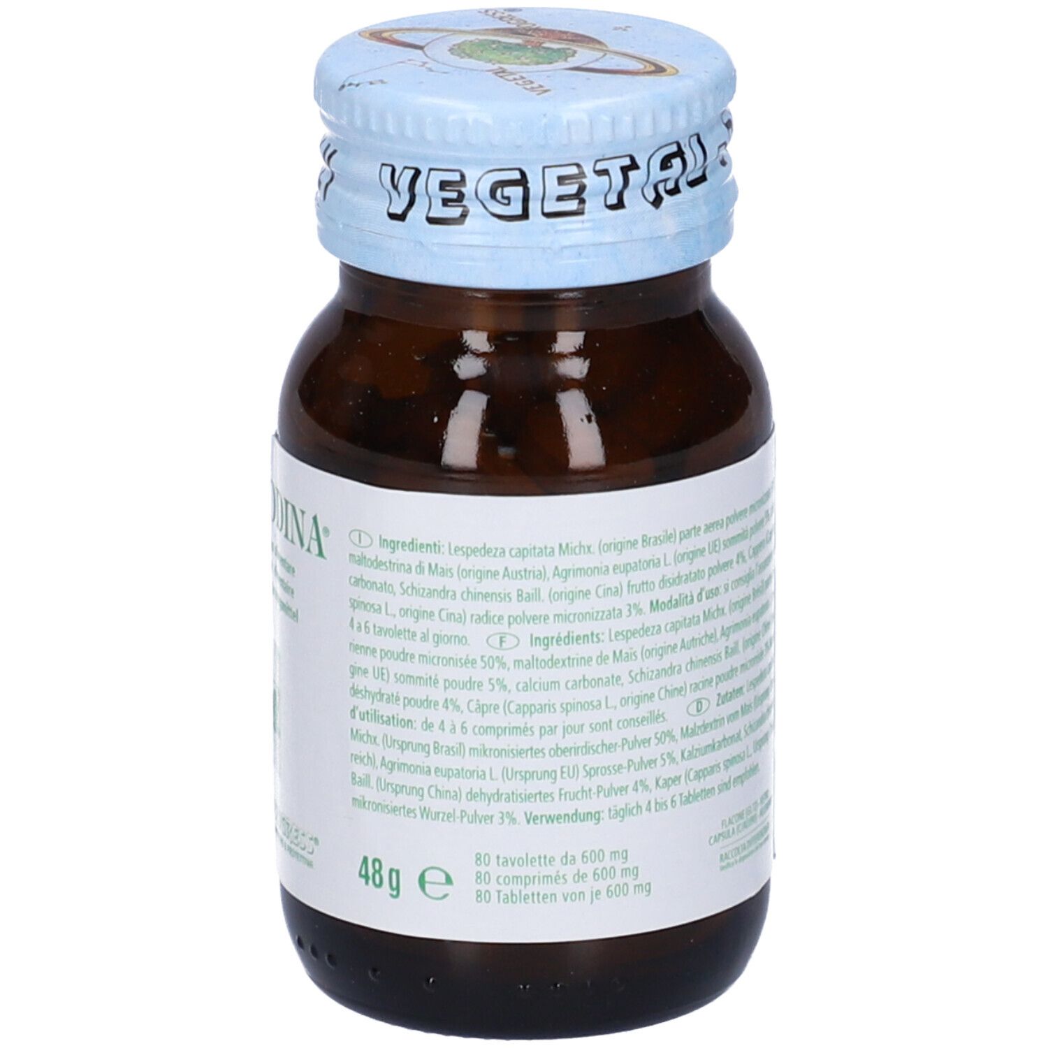 Flacone di vetro marrone con compresse. Scritta: Desmodina. Coperchio blu con scritta: Italy.