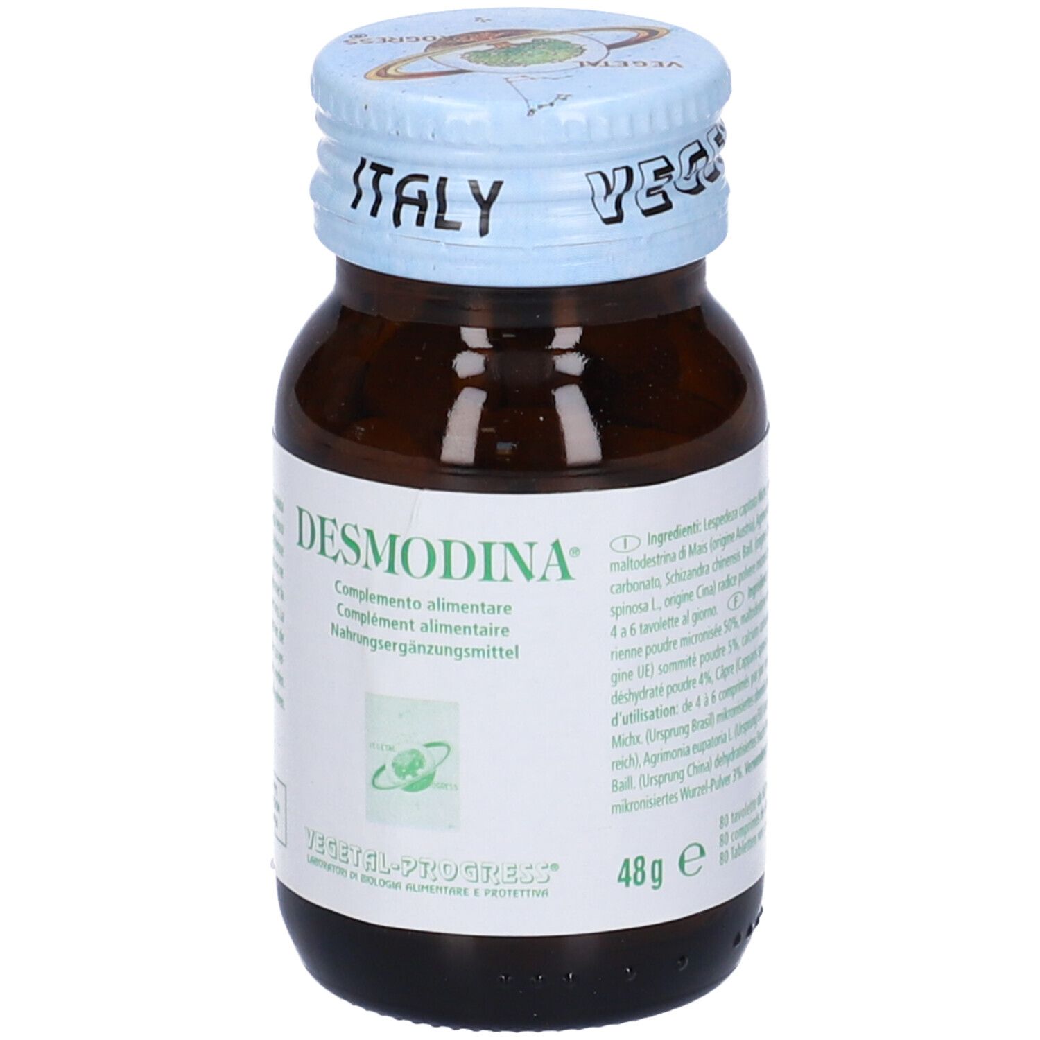 Flacone di vetro marrone con compresse. Scritta: Desmodina. Coperchio blu con scritta: Italy.