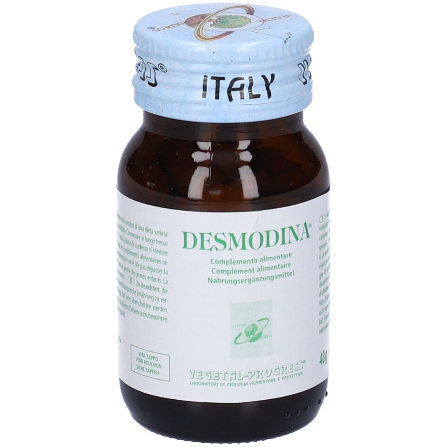 Flacone di vetro marrone con compresse. Scritta: Desmodina. Coperchio blu con scritta: Italy.