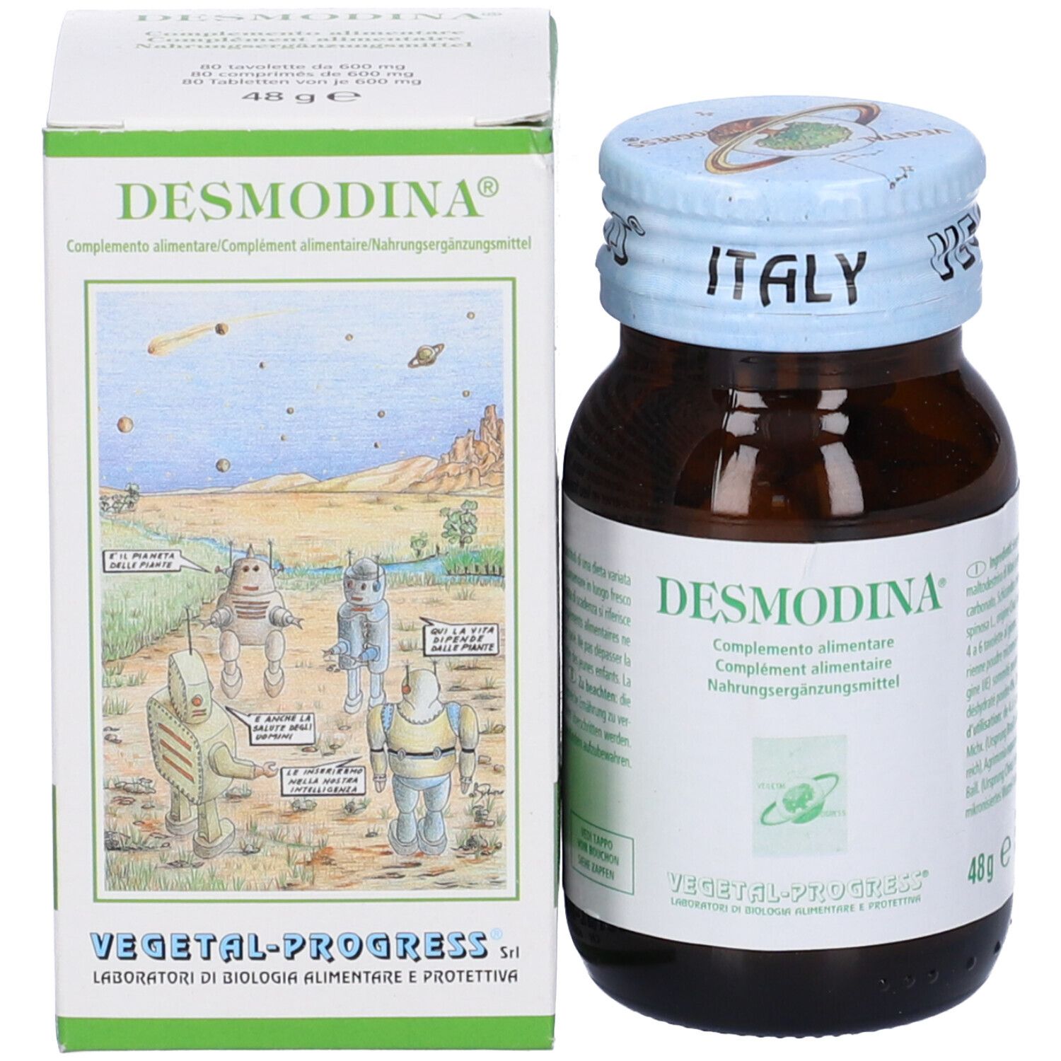 Confezione e flacone di compresse. Scritta: Desmodina. Illustrazione di robot.